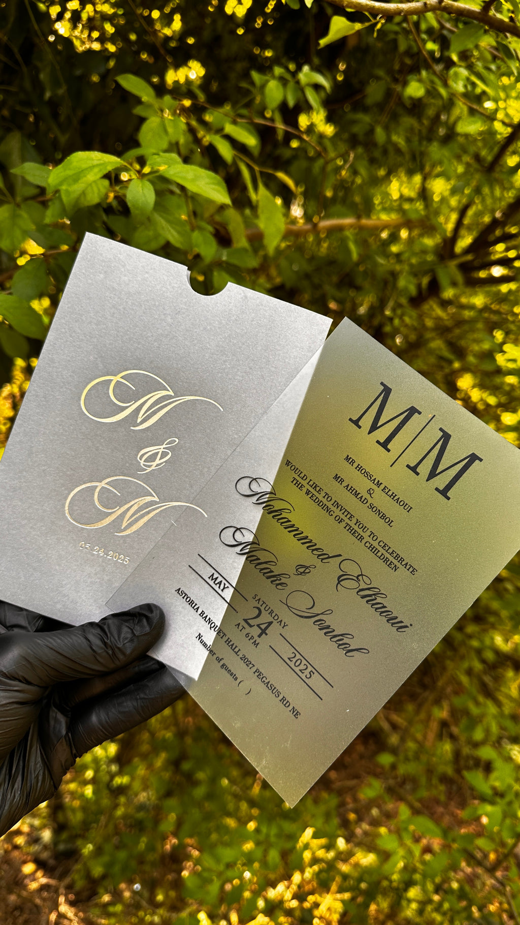 Acrylic Wedding Invitations – Matte Clear Card with Black Print & Gray Envelope - LunaInvites