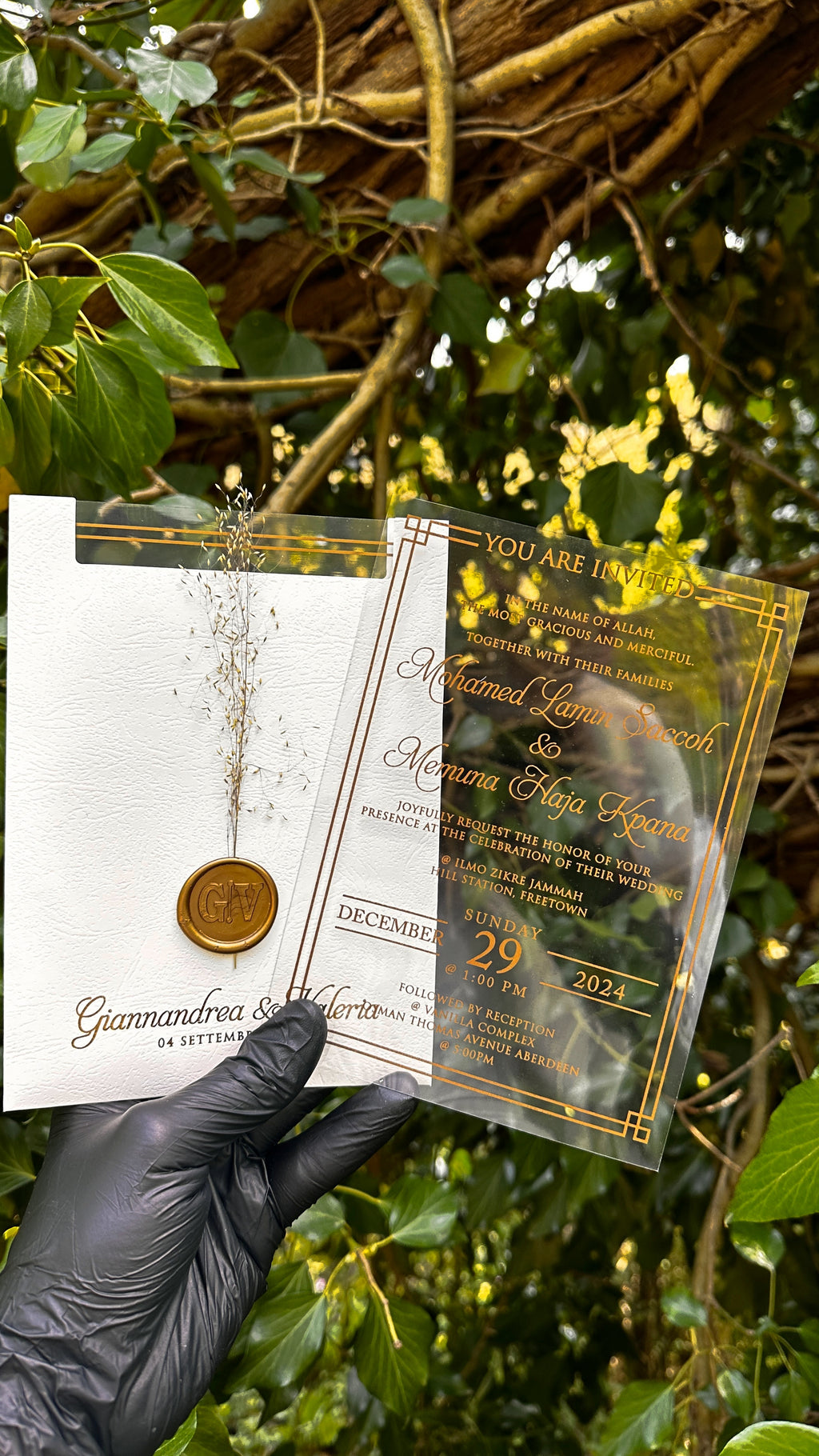 Clear Acrylic Wedding Invitations with Gold Print & White Envelope - LunaInvites