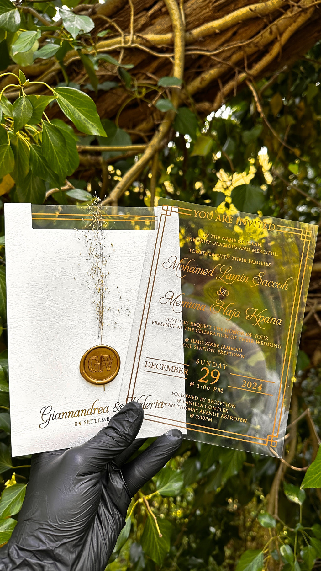 Clear Acrylic Wedding Invitations with Gold Print & White Envelope - LunaInvites