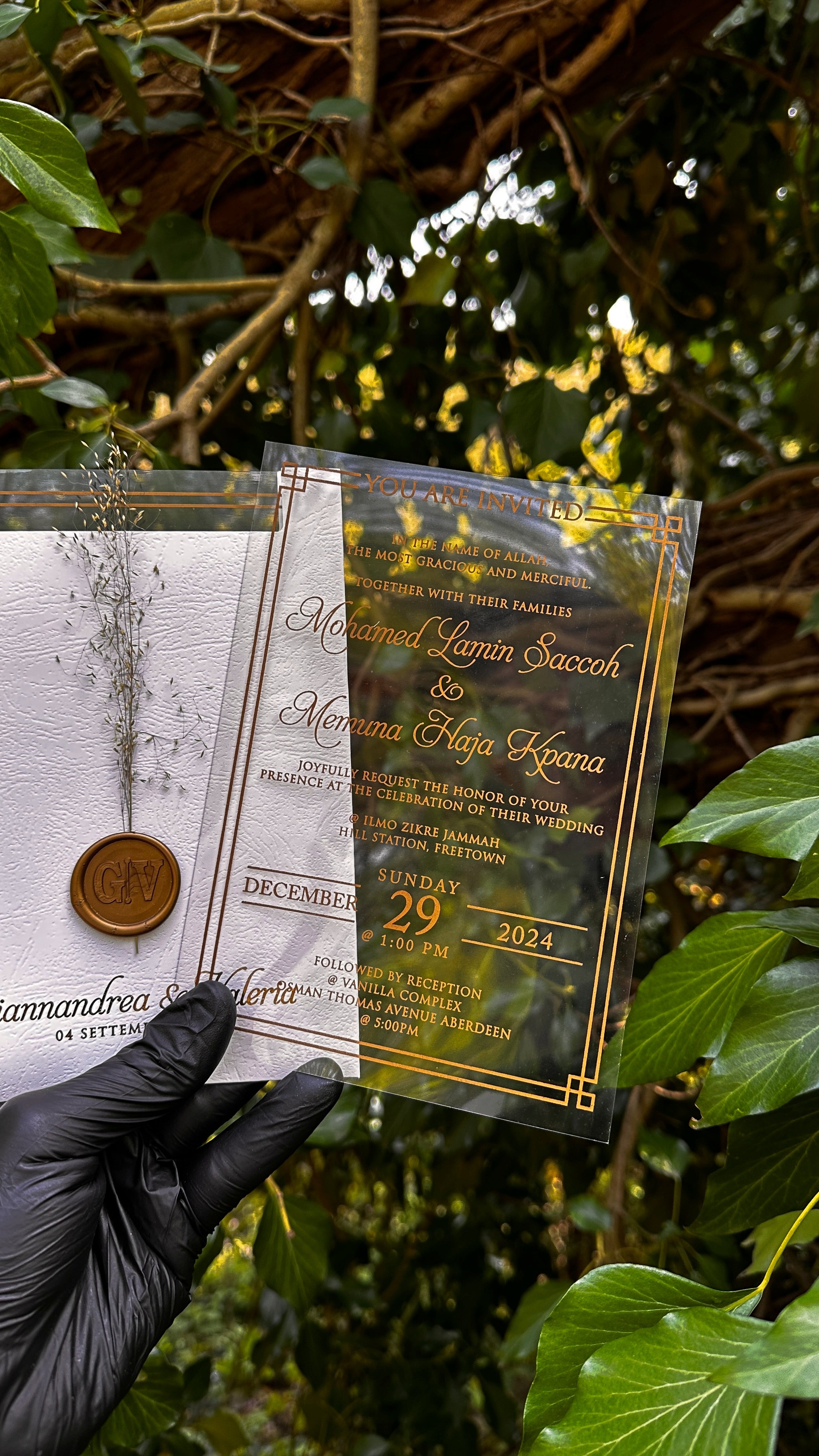 Clear Acrylic Wedding Invitations with Gold Print & White Envelope - LunaInvites