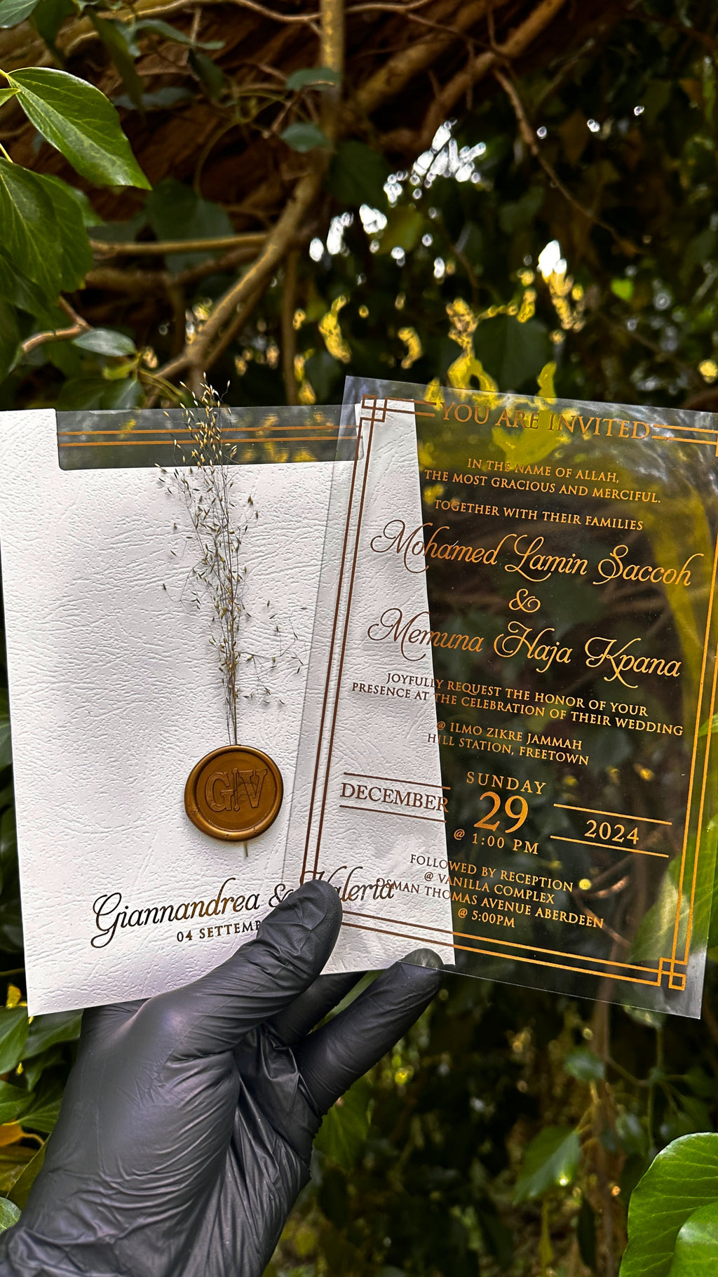 Clear Acrylic Wedding Invitations with Gold Print & White Envelope - LunaInvites