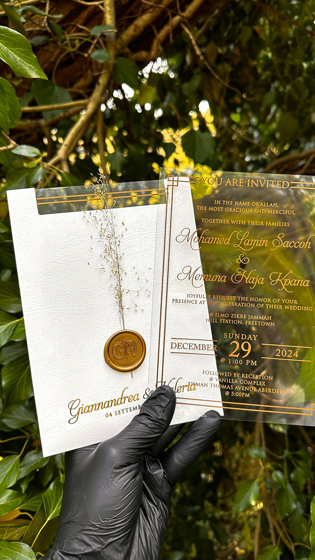 Clear Acrylic Wedding Invitations with Gold Print & White Envelope - LunaInvites