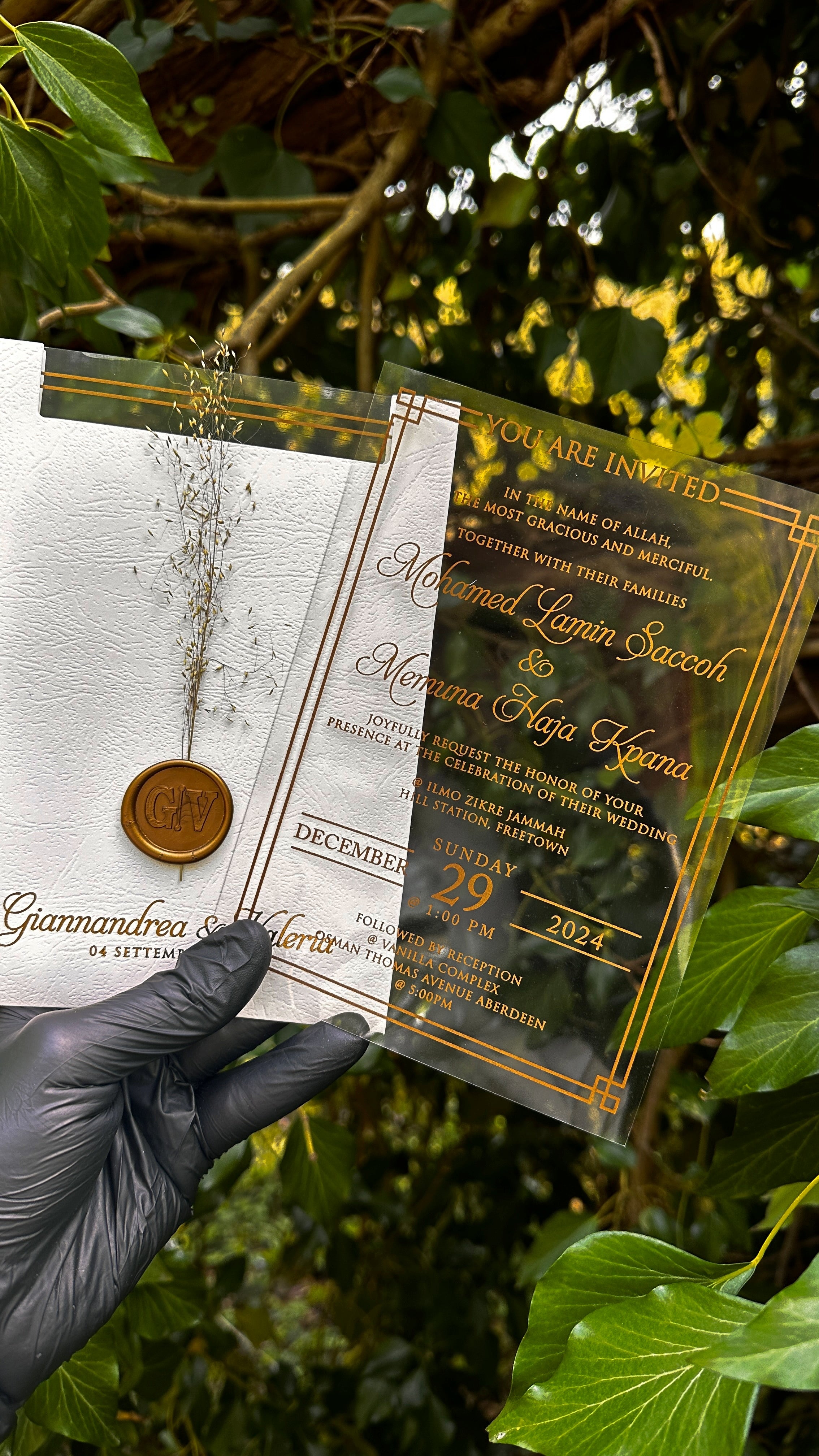 Clear Acrylic Wedding Invitations with Gold Print & White Envelope - LunaInvites