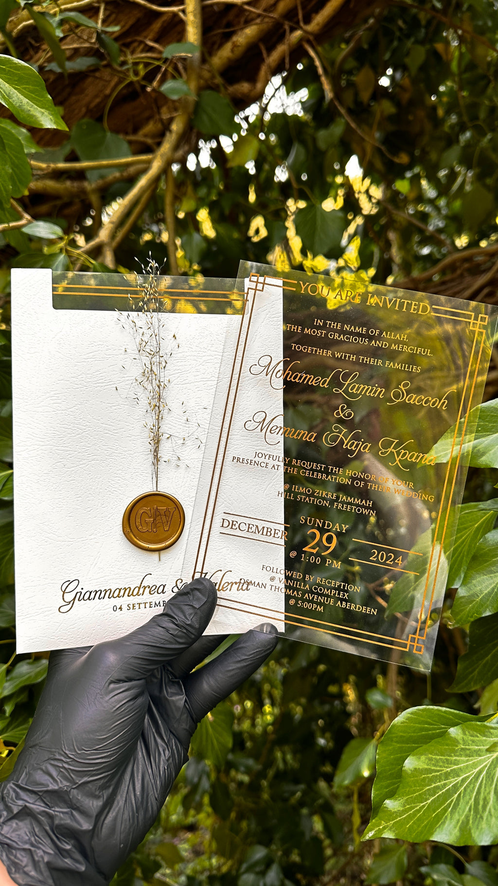 Clear Acrylic Wedding Invitations with Gold Print & White Envelope - LunaInvites