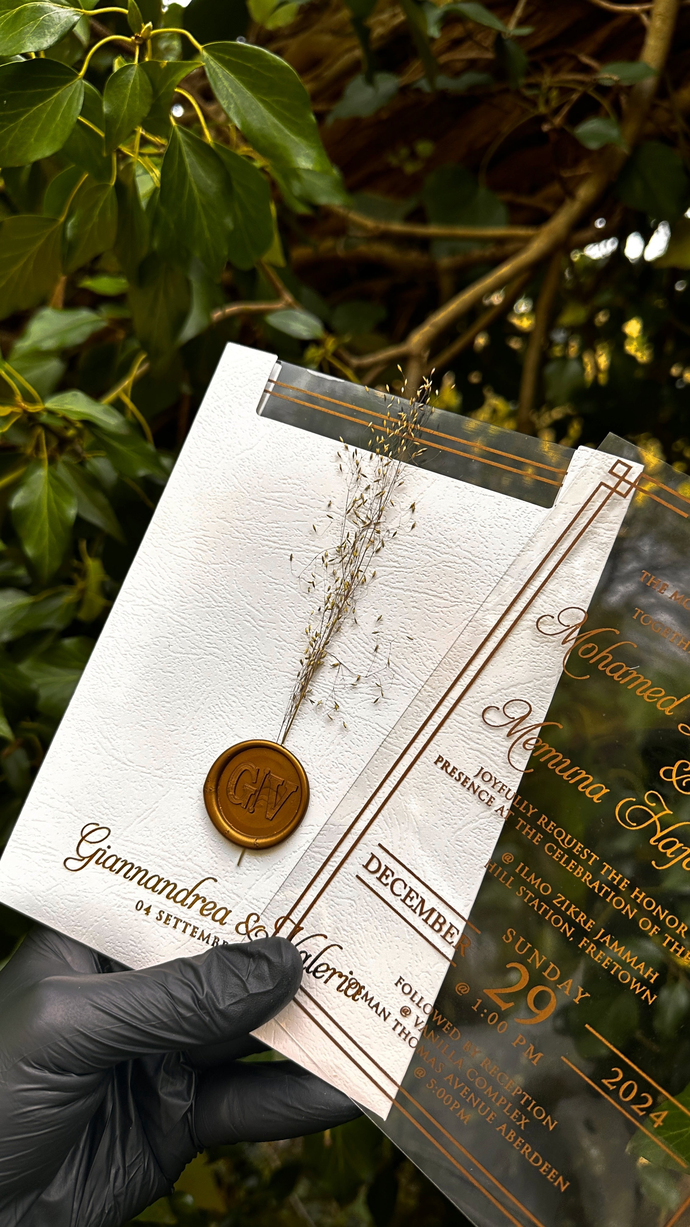 Clear Acrylic Wedding Invitations with Gold Print & White Envelope - LunaInvites