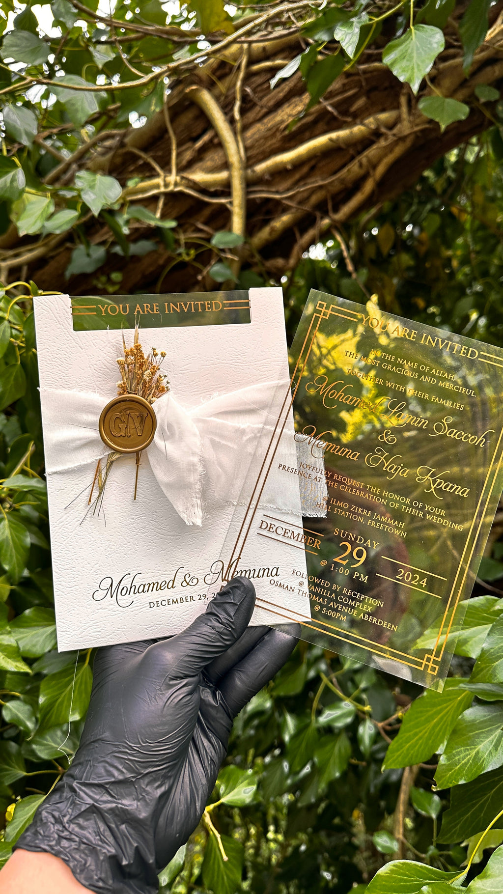 Clear Acrylic Wedding Invitations with White Ribbon, Gold Print & Wax Seal - LunaInvites