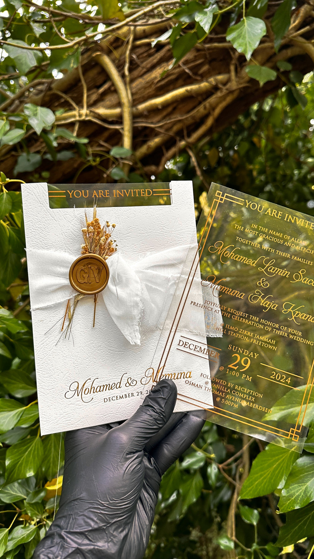 Clear Acrylic Wedding Invitations with White Ribbon, Gold Print & Wax Seal - LunaInvites