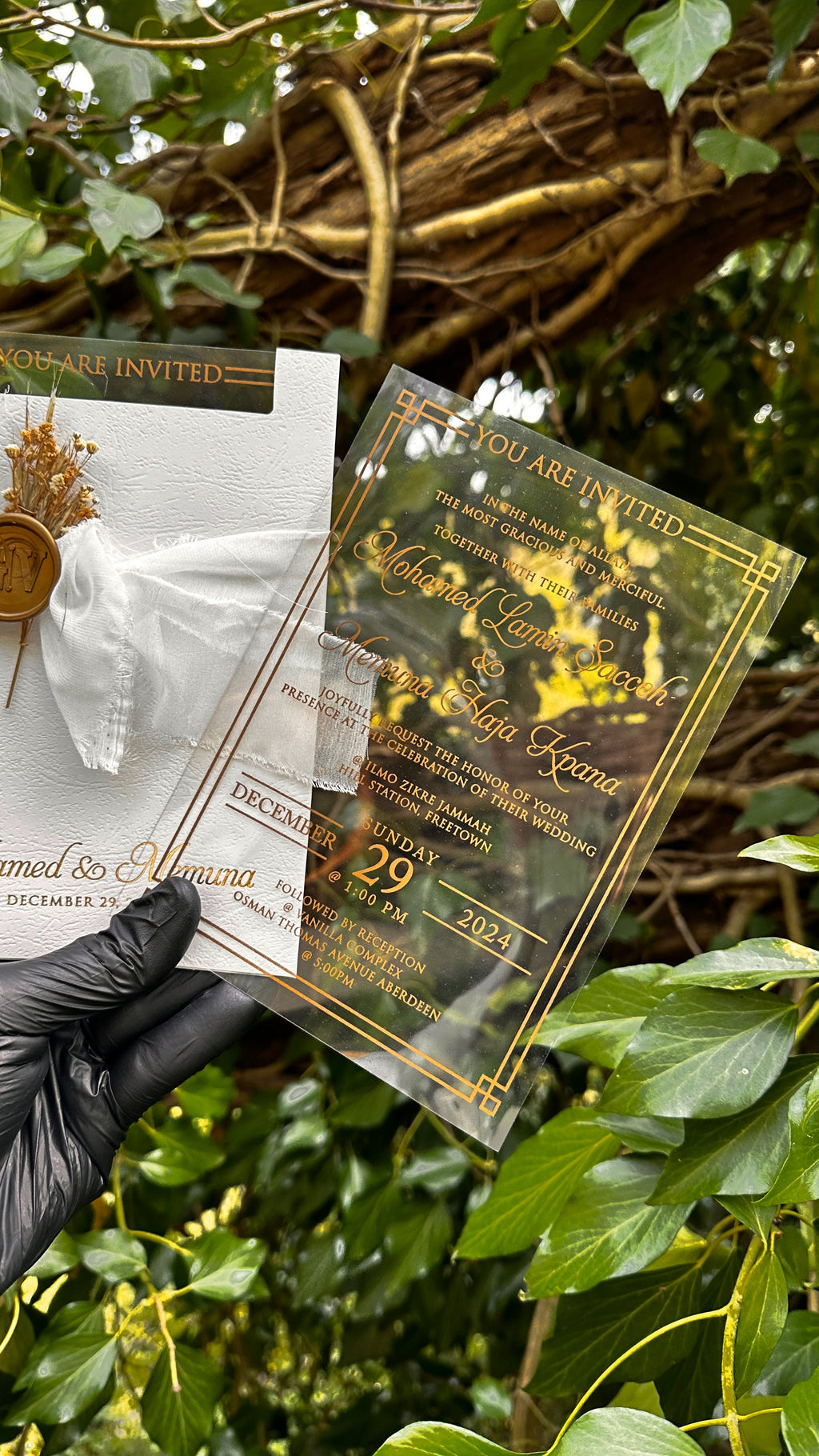 Clear Acrylic Wedding Invitations with White Ribbon, Gold Print & Wax Seal - LunaInvites