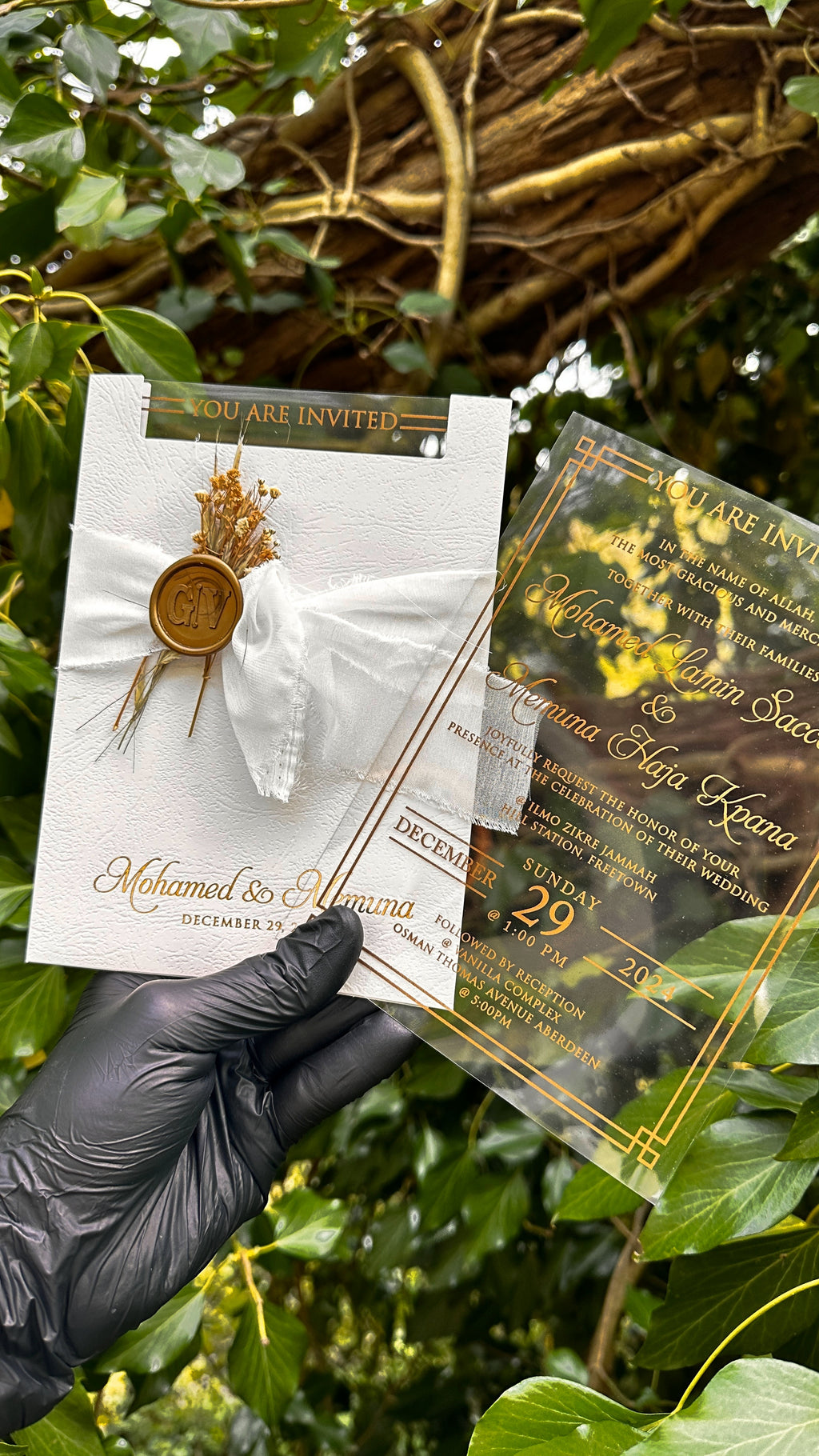 Clear Acrylic Wedding Invitations with White Ribbon, Gold Print & Wax Seal - LunaInvites