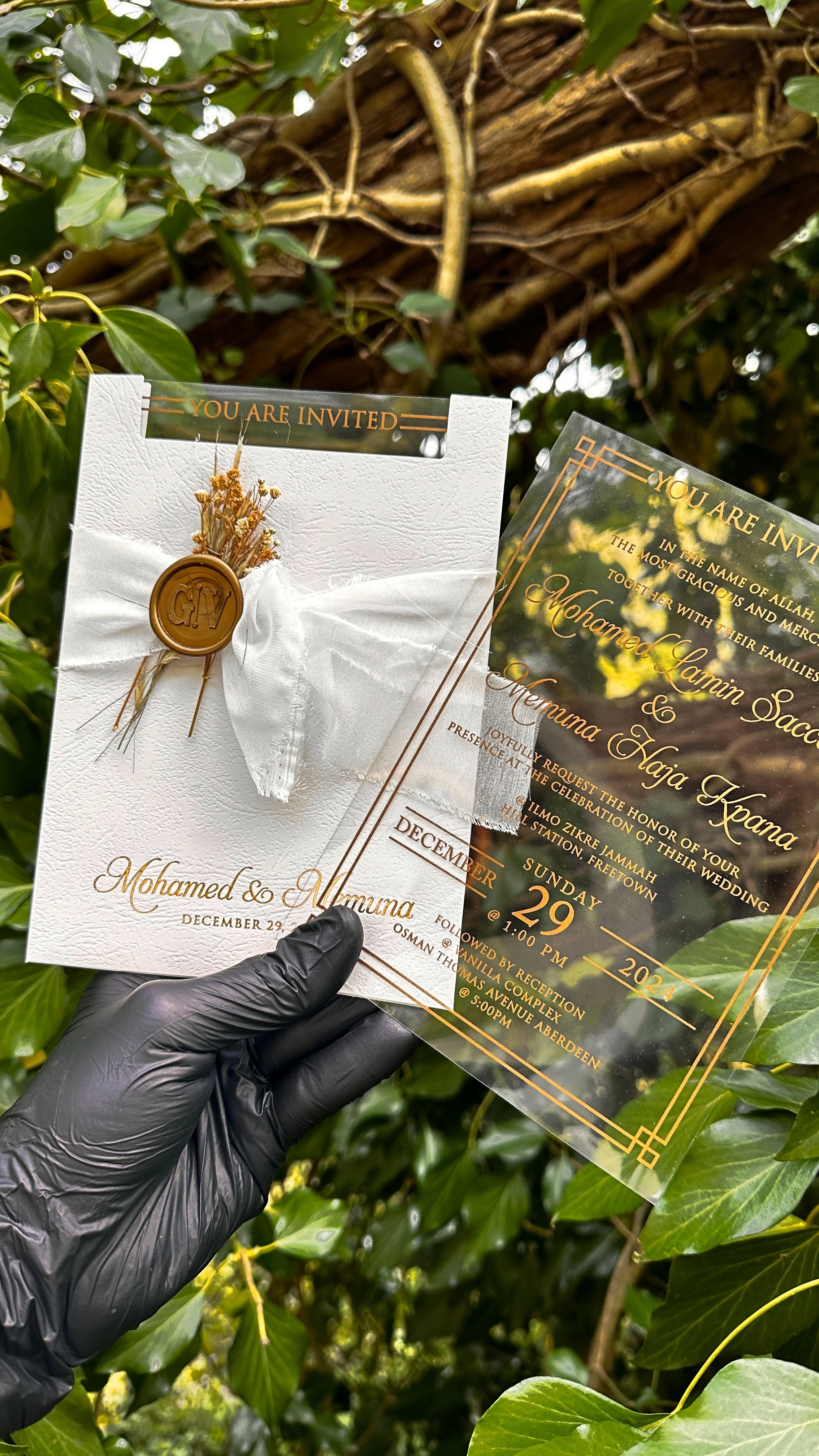 Clear Acrylic Wedding Invitations with White Ribbon, Gold Print & Wax Seal - LunaInvites