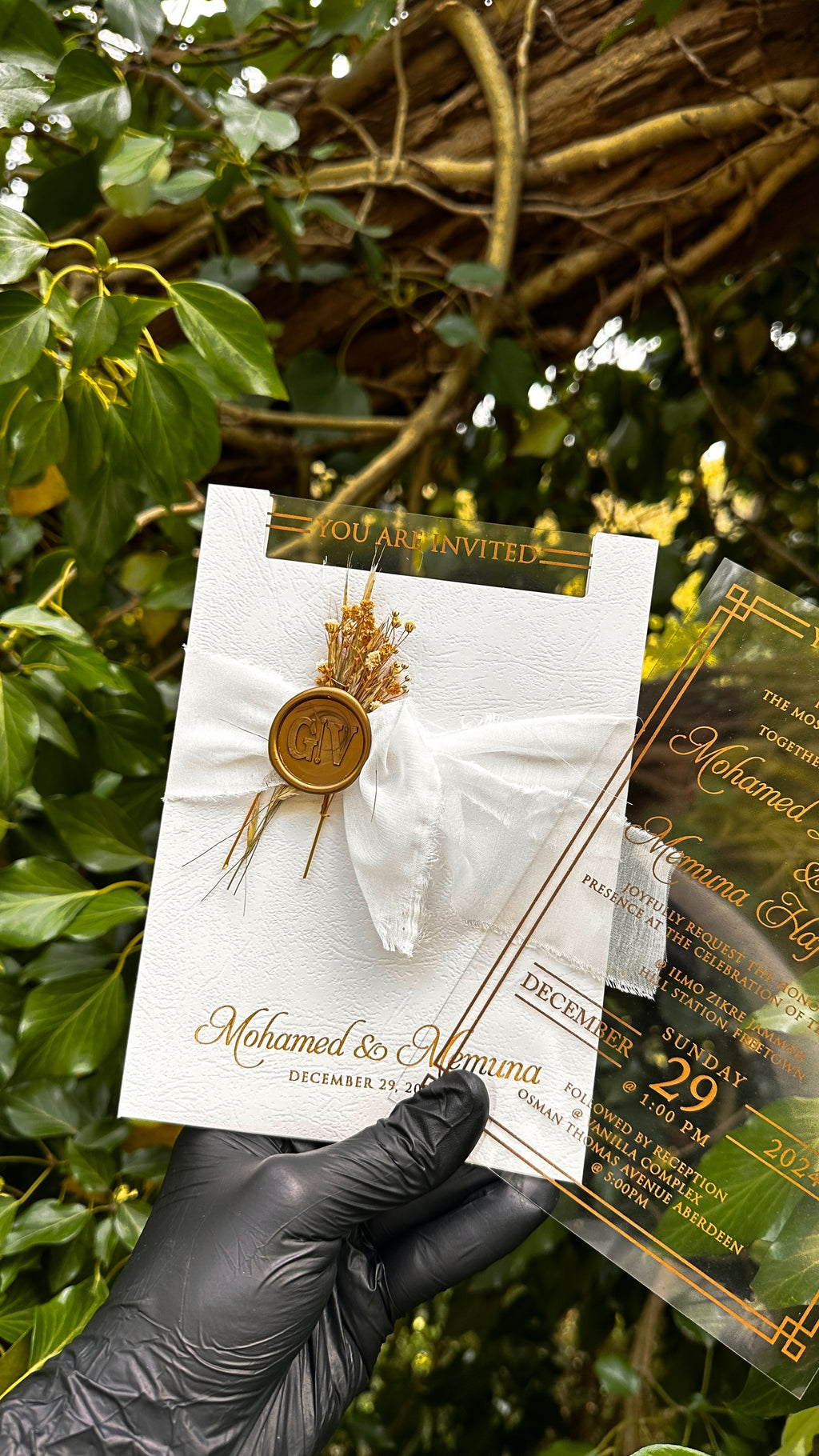 Clear Acrylic Wedding Invitations with White Ribbon, Gold Print & Wax Seal - LunaInvites