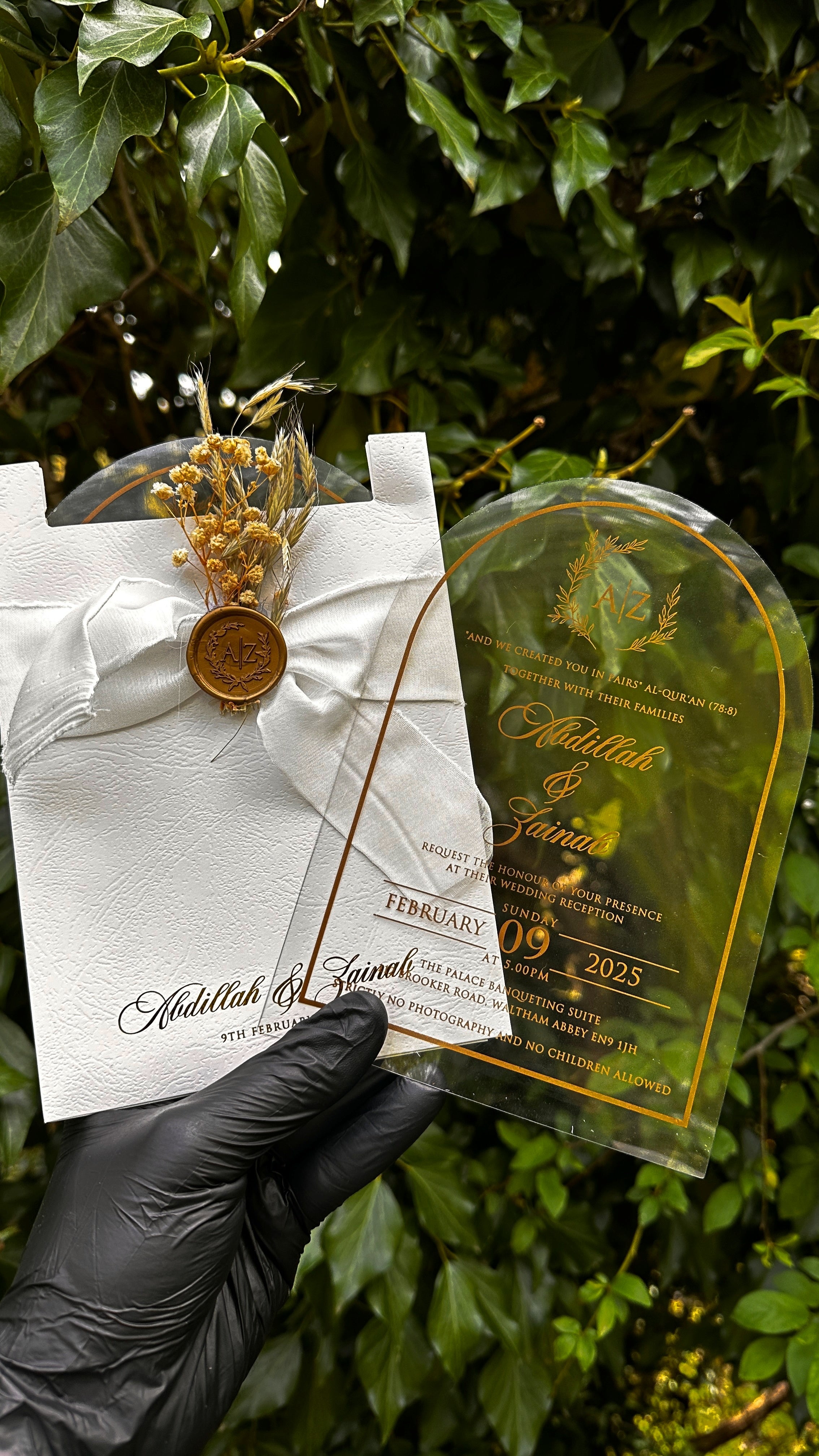 Clear Acrylic Arch Wedding Invitation with White Ribbon & Gold Wax Seal - LunaInvites