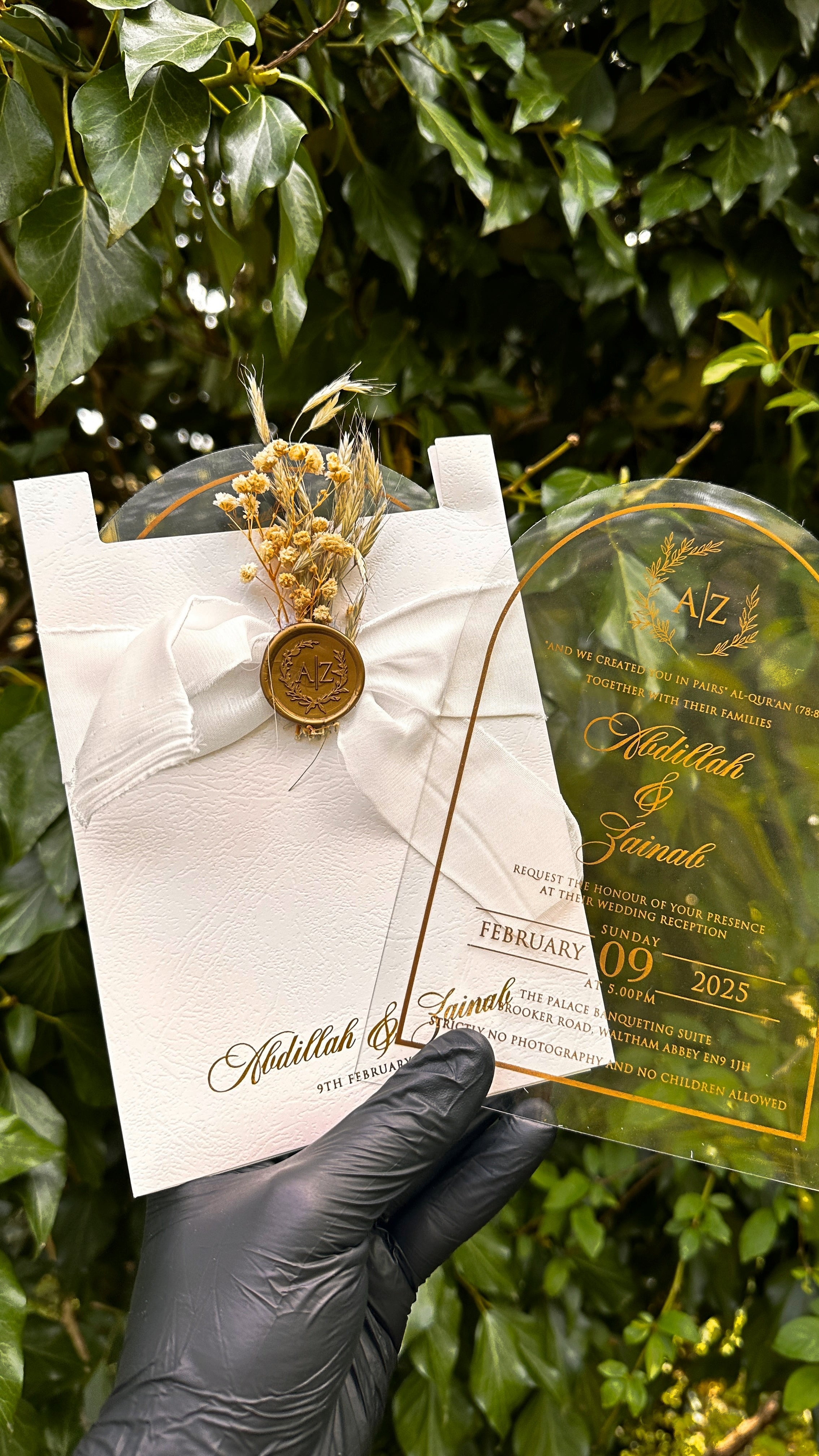 Clear Acrylic Arch Wedding Invitation with White Ribbon & Gold Wax Seal - LunaInvites