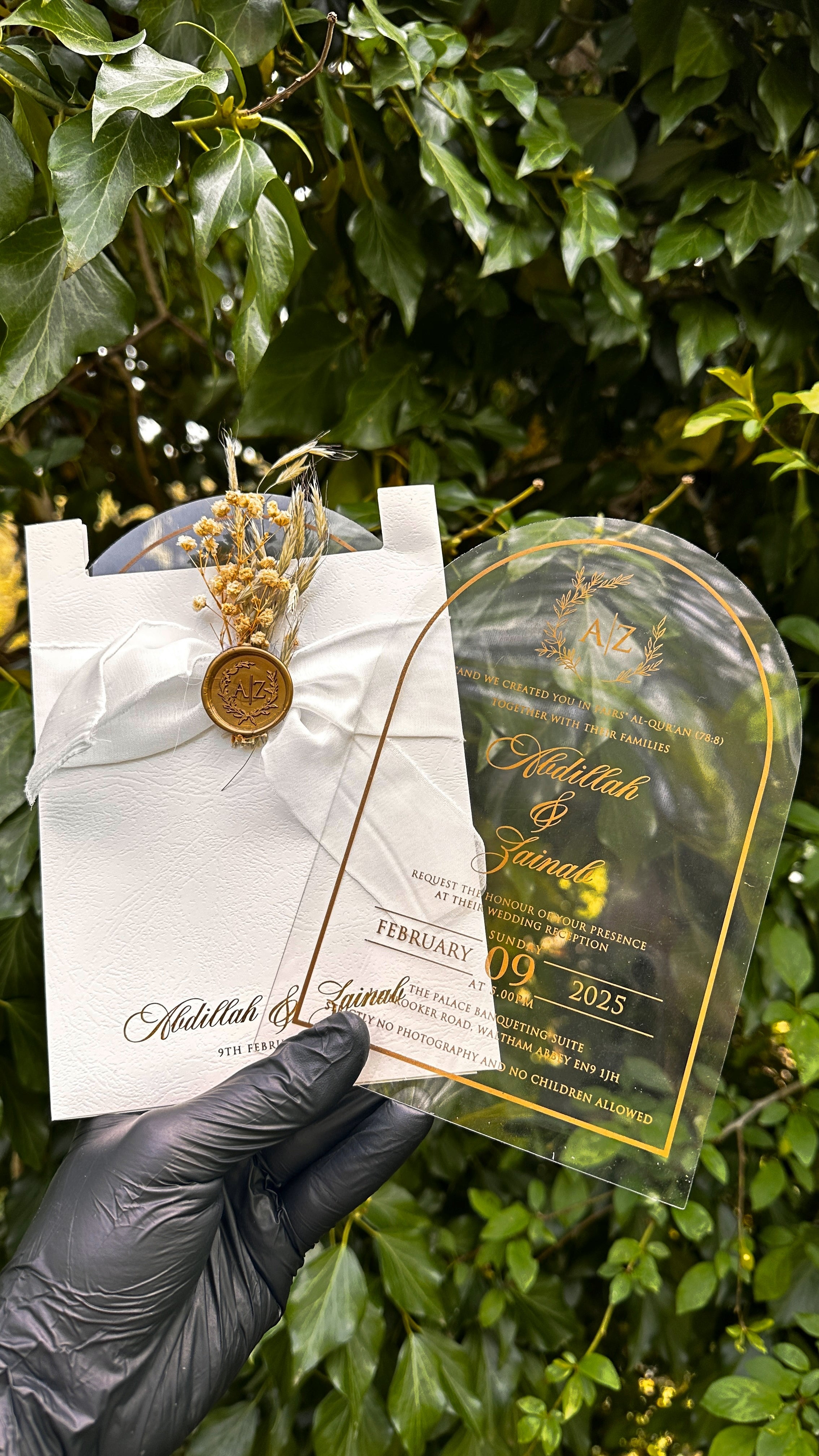 Clear Acrylic Arch Wedding Invitation with White Ribbon & Gold Wax Seal - LunaInvites