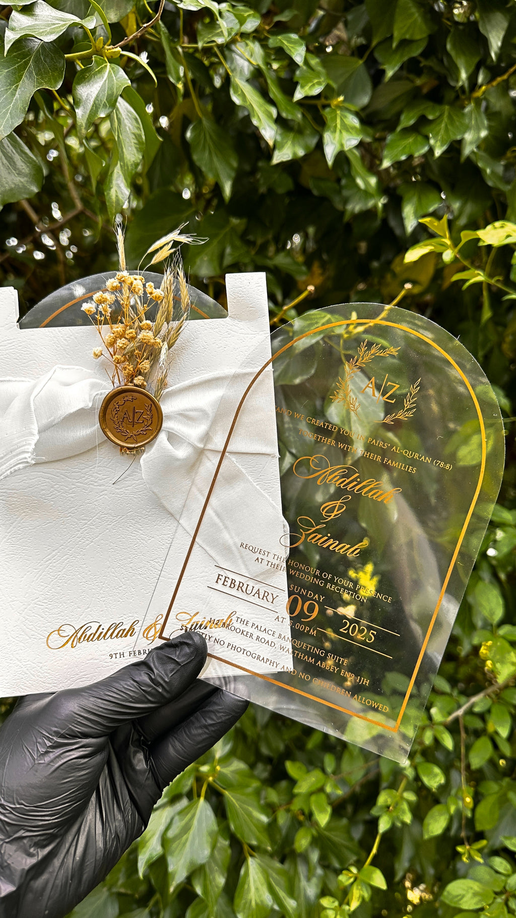 Clear Acrylic Arch Wedding Invitation with White Ribbon & Gold Wax Seal - LunaInvites