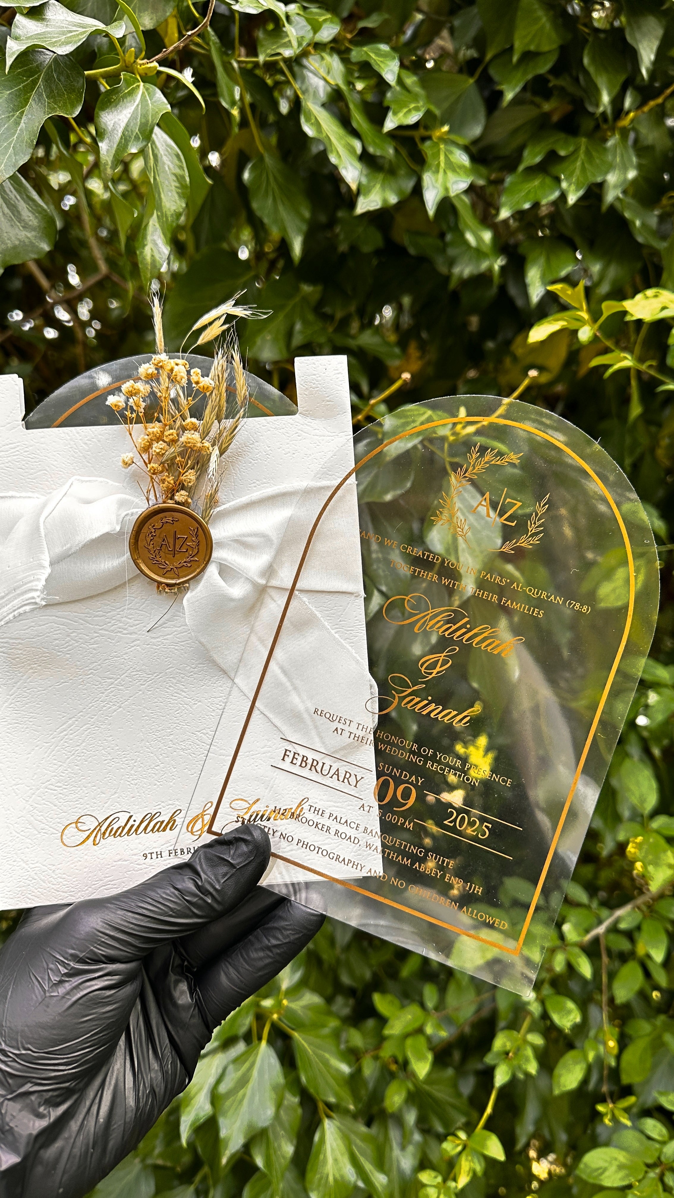 Clear Acrylic Arch Wedding Invitation with White Ribbon & Gold Wax Seal - LunaInvites