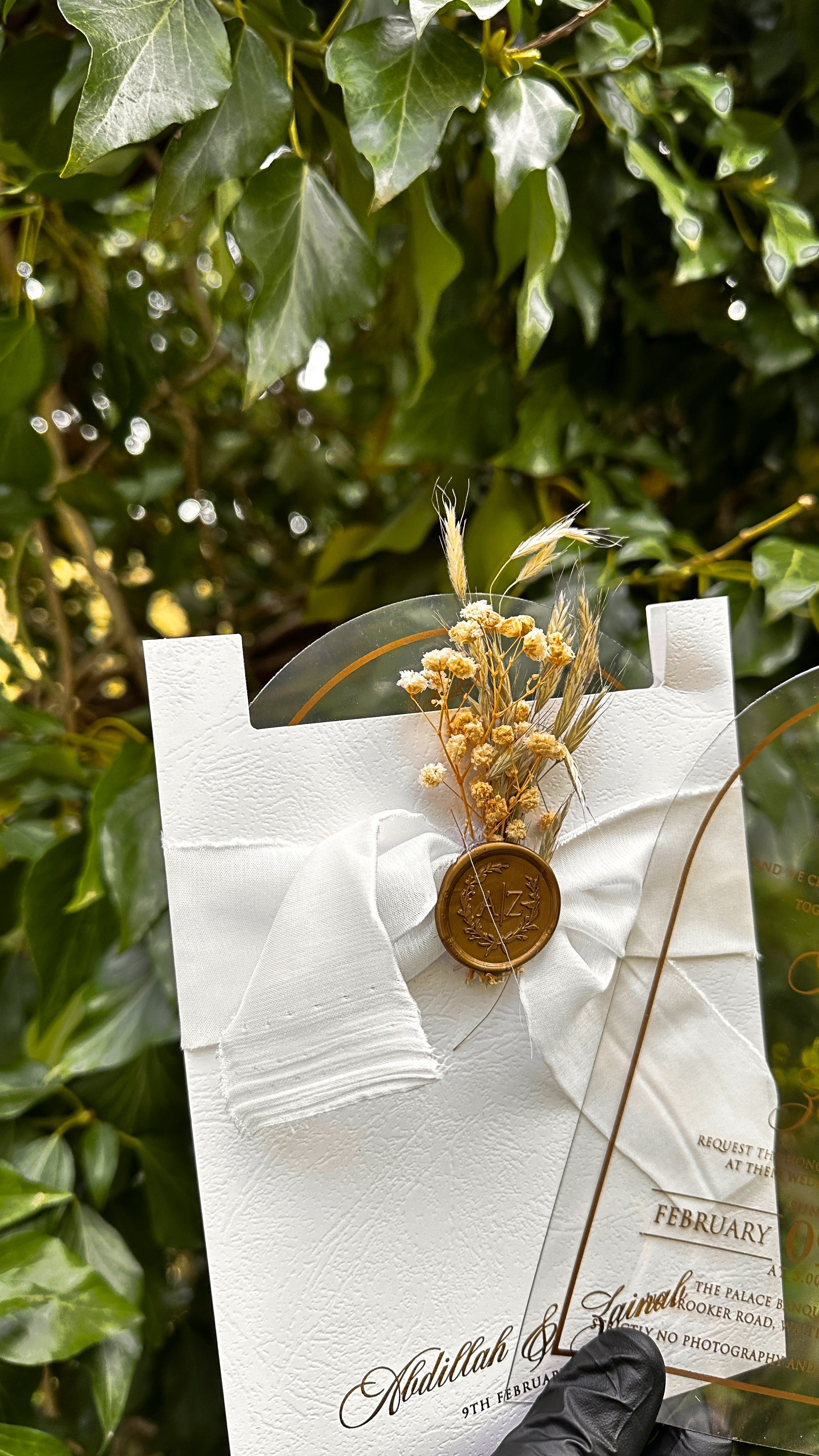 Clear Acrylic Arch Wedding Invitation with White Ribbon & Gold Wax Seal - LunaInvites