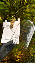 Clear Acrylic Arch Wedding Invitation with White Ribbon & Gold Wax Seal - LunaInvites