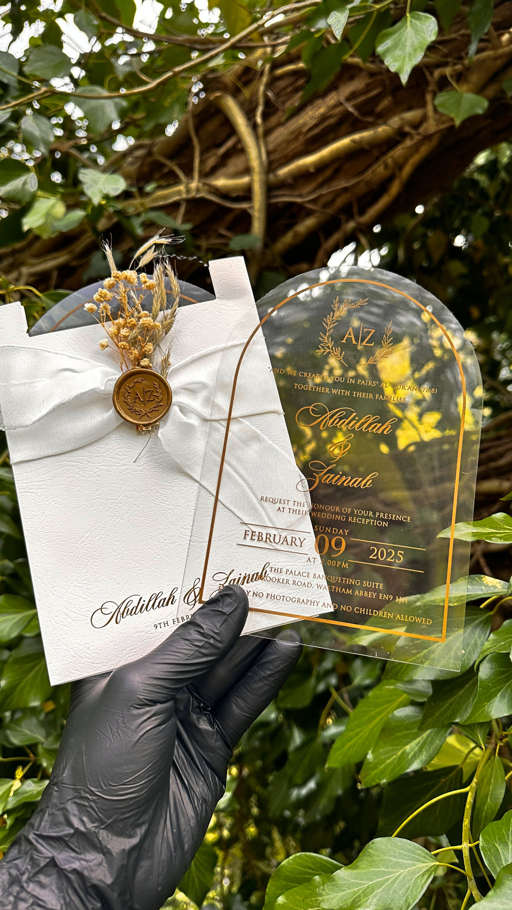 Clear Acrylic Arch Wedding Invitation with White Ribbon & Gold Wax Seal - LunaInvites