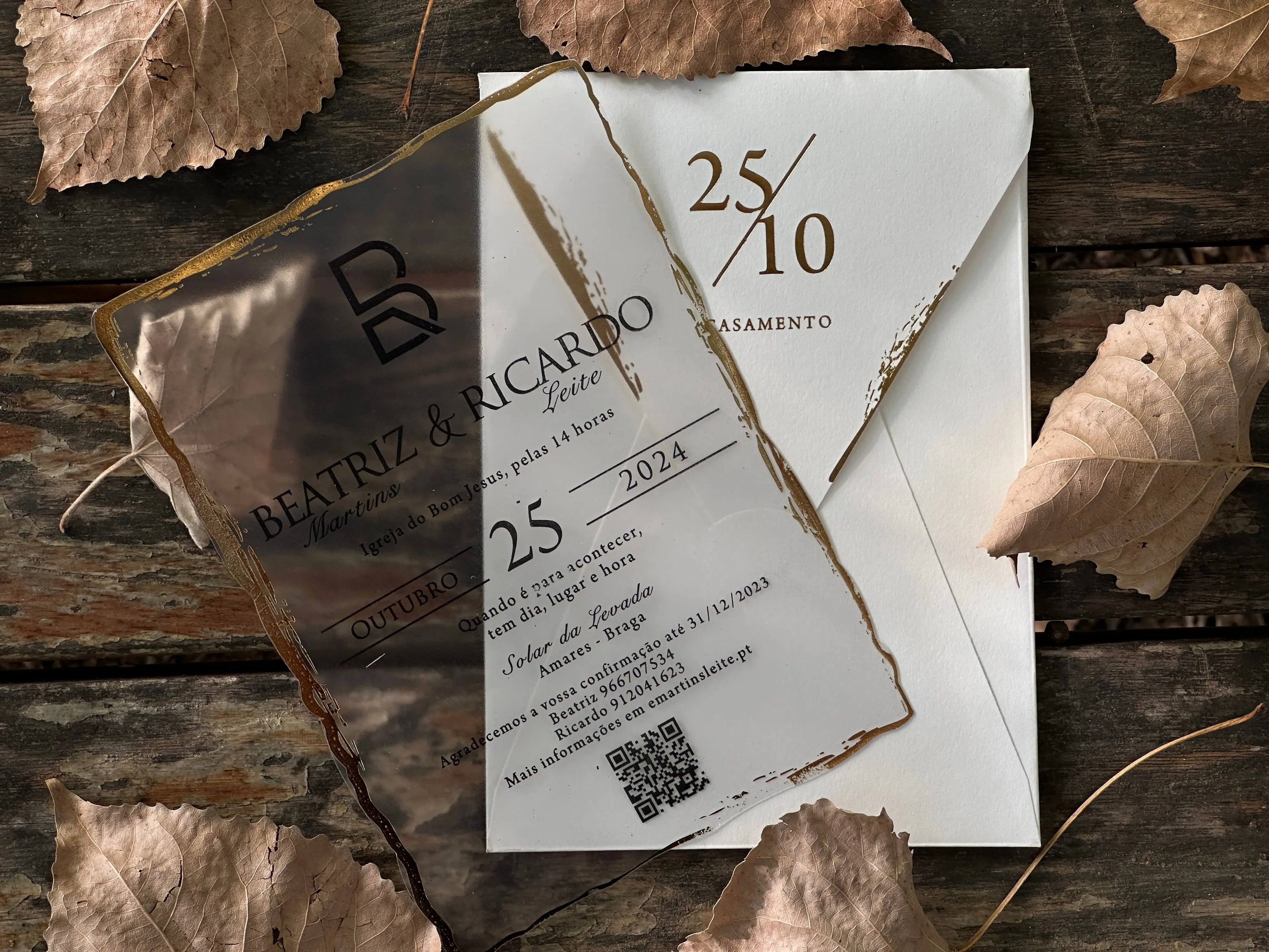 Frosted Acrylic Wedding Invitation with Gold Raw Edges & White Envelope LunaInvites