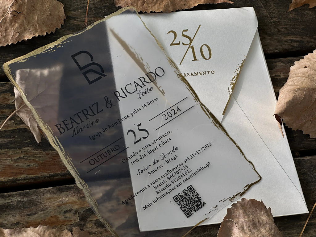 Frosted Acrylic Wedding Invitation with Gold Raw Edges & White Envelope LunaInvites