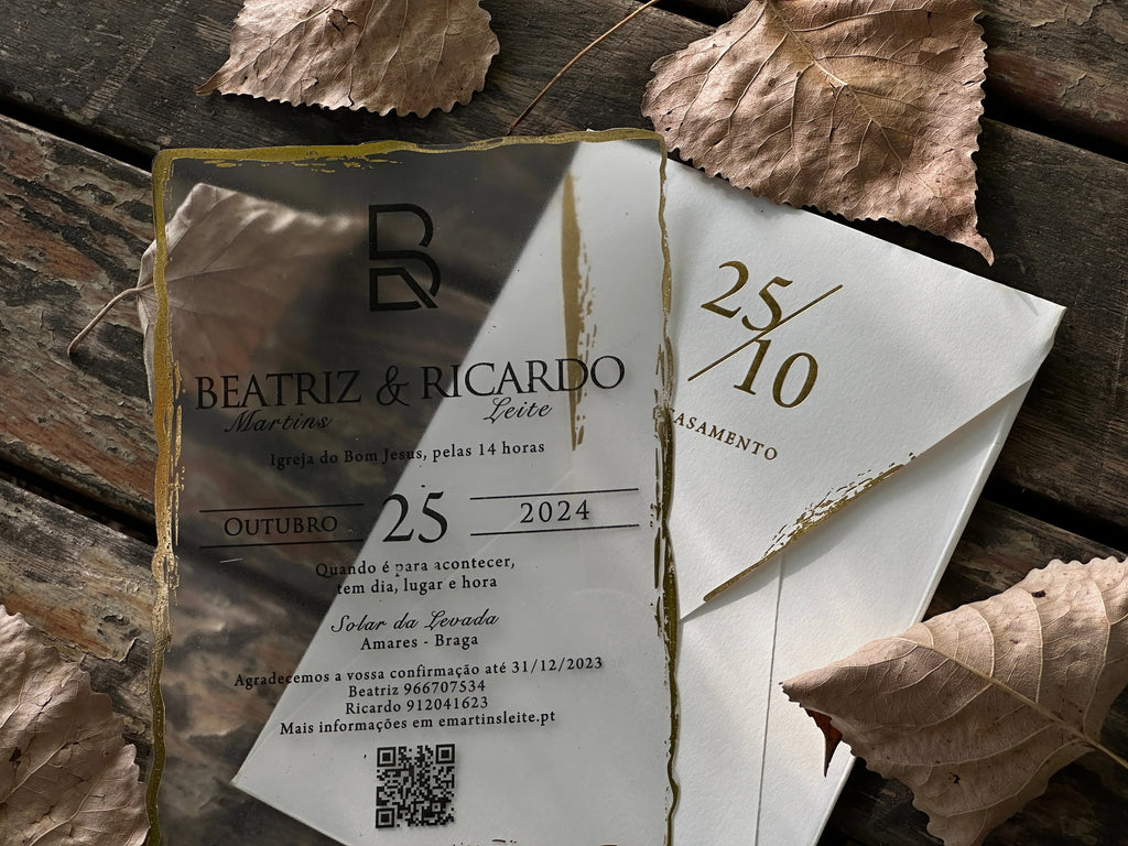 Frosted Acrylic Wedding Invitation with Gold Raw Edges & White Envelope LunaInvites