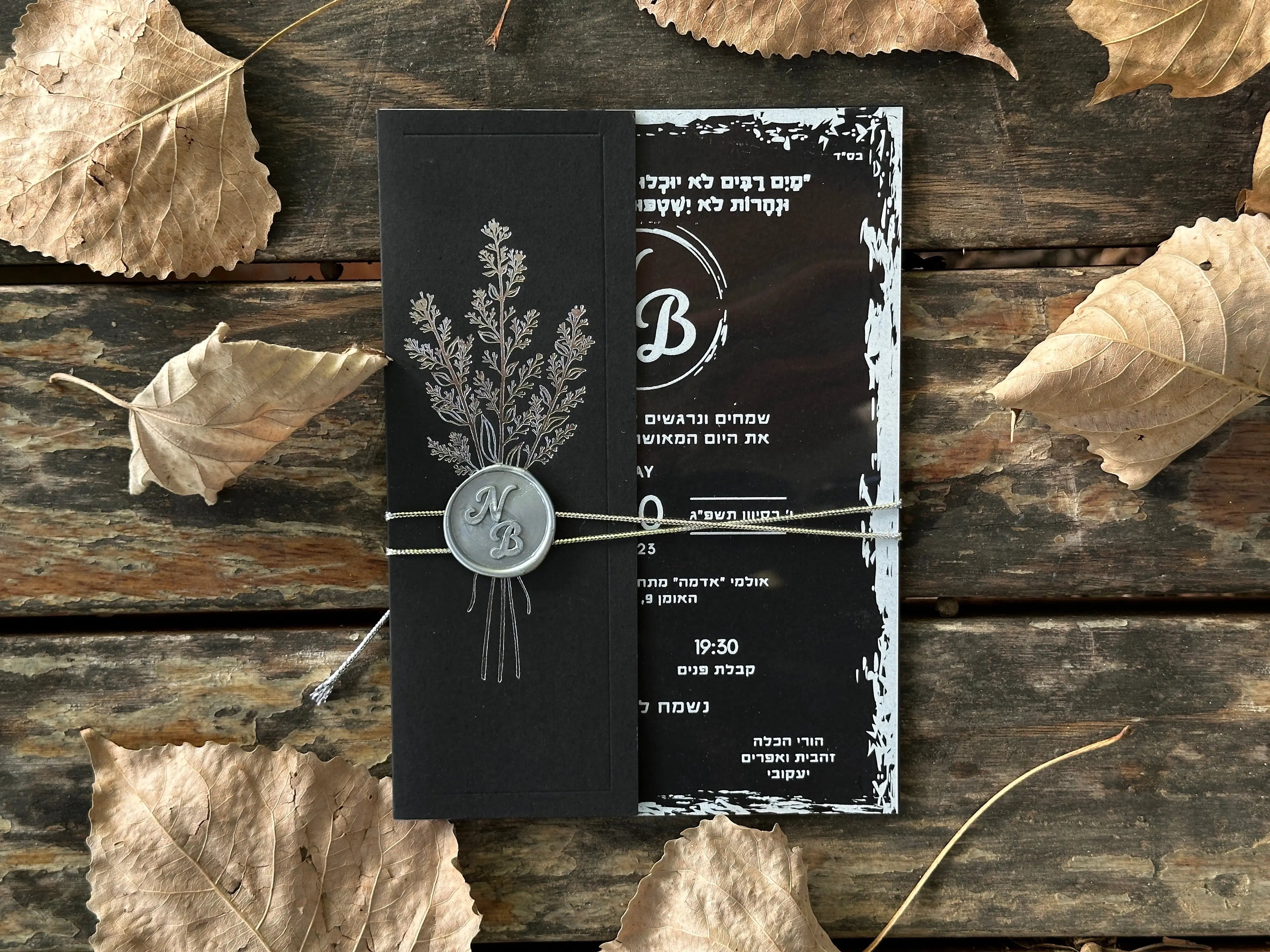 Clear Acrylic Wedding Invitation with Black Pocket Envelope & Silver Wax Seal LunaInvites