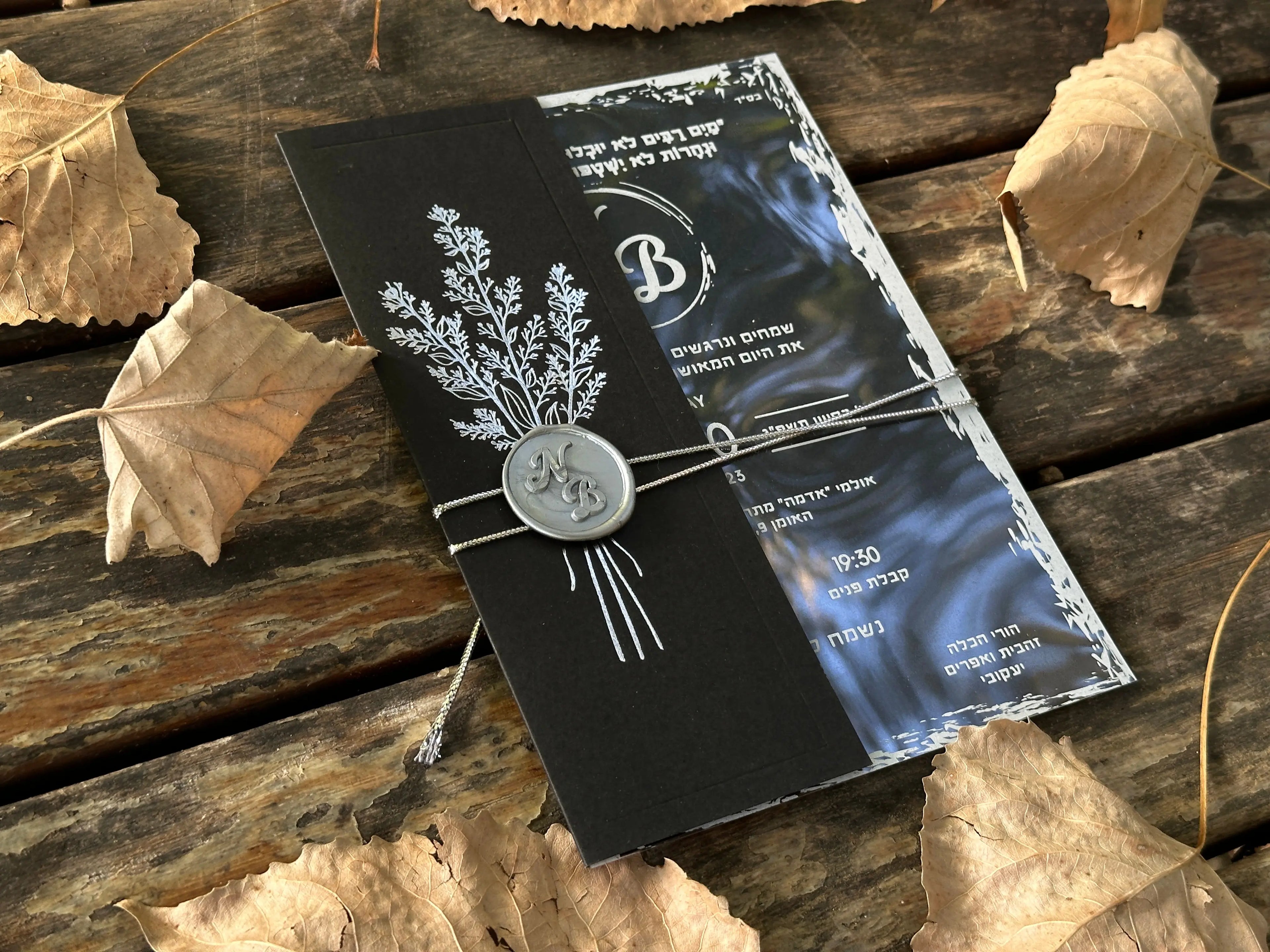 Clear Acrylic Wedding Invitation with Black Pocket Envelope & Silver Wax Seal LunaInvites