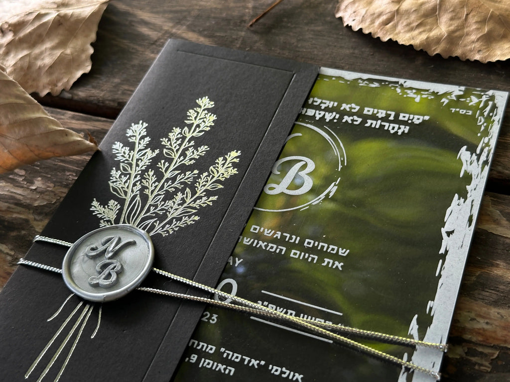 Clear Acrylic Wedding Invitation with Black Pocket Envelope & Silver Wax Seal LunaInvites