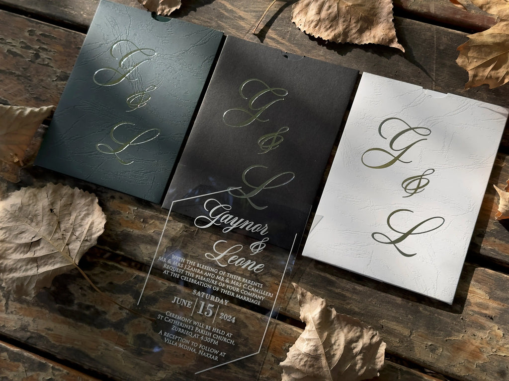 Frosted Acrylic Wedding Invitation with Gold Baroque Pocket & Wax Seal (Kopya) LunaInvites