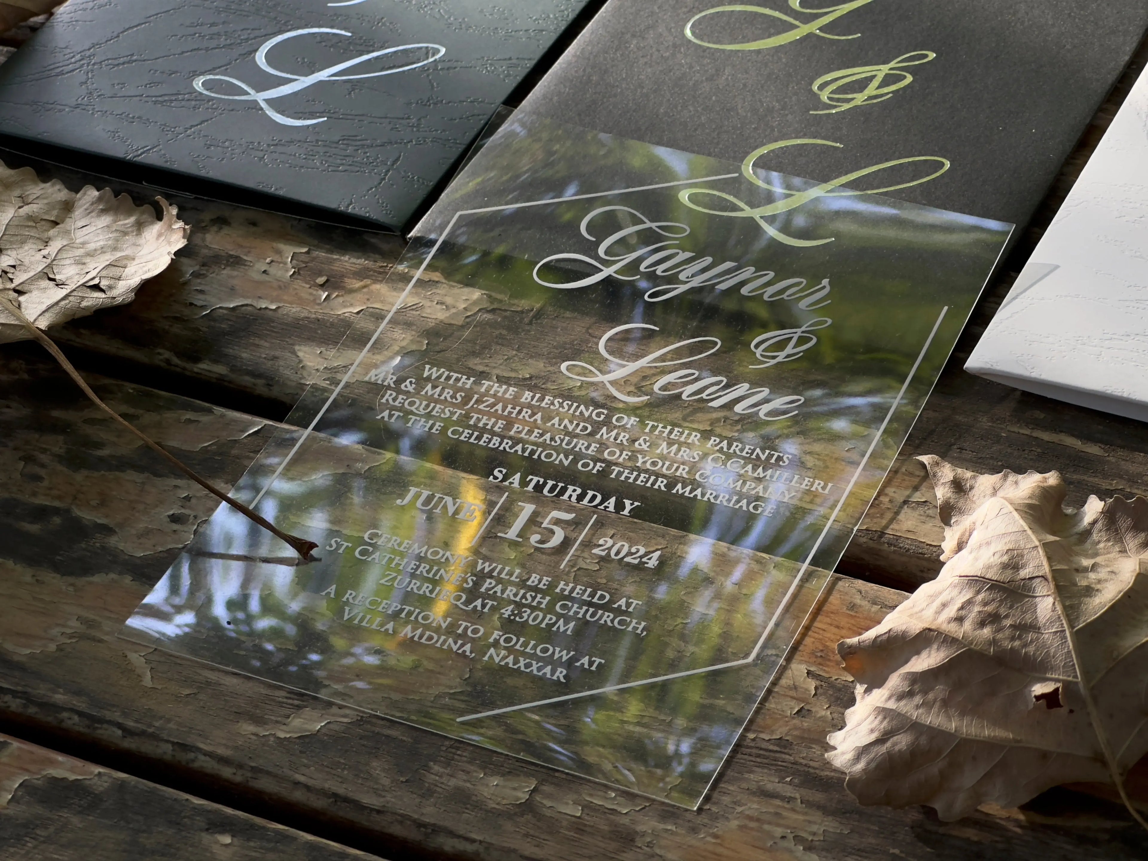 Frosted Acrylic Wedding Invitation with Gold Baroque Pocket & Wax Seal (Kopya) LunaInvites