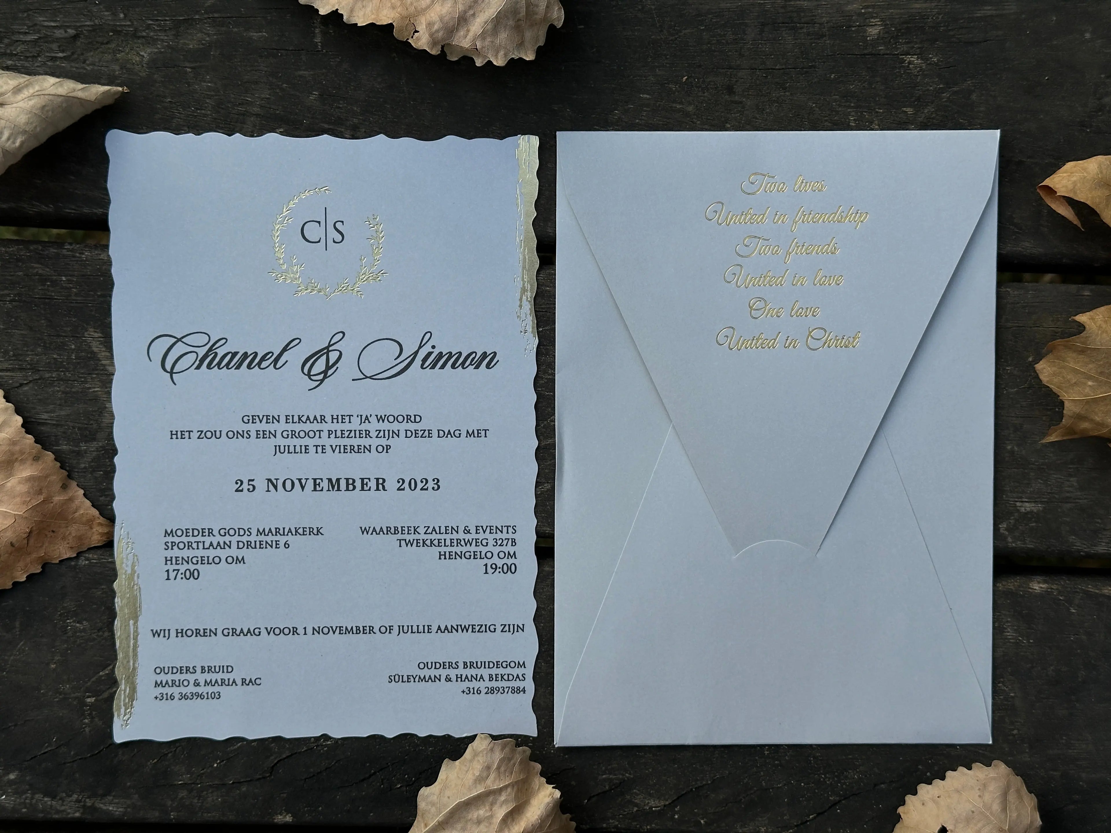Gray Wedding Invitation with Gold Foil Envelope & Black Print Card - LunaInvites