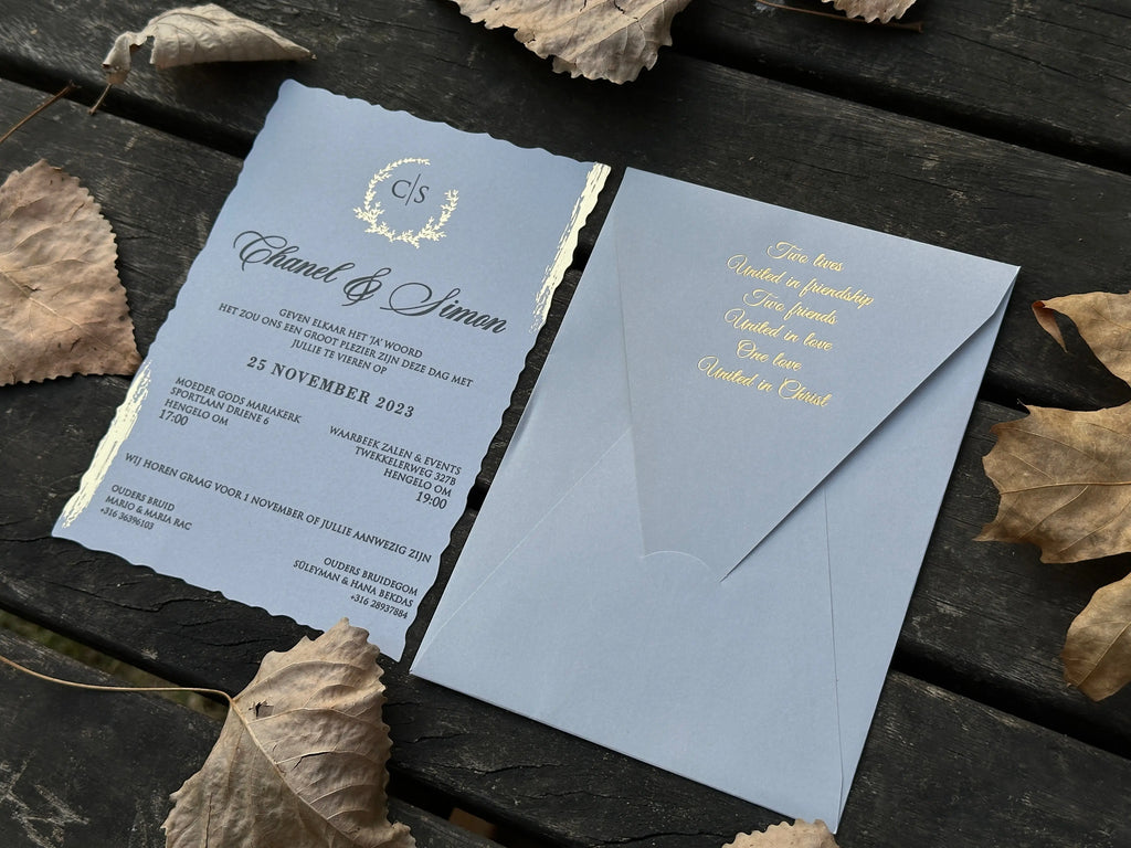 Gray Wedding Invitation with Gold Foil Envelope & Black Print Card - LunaInvites