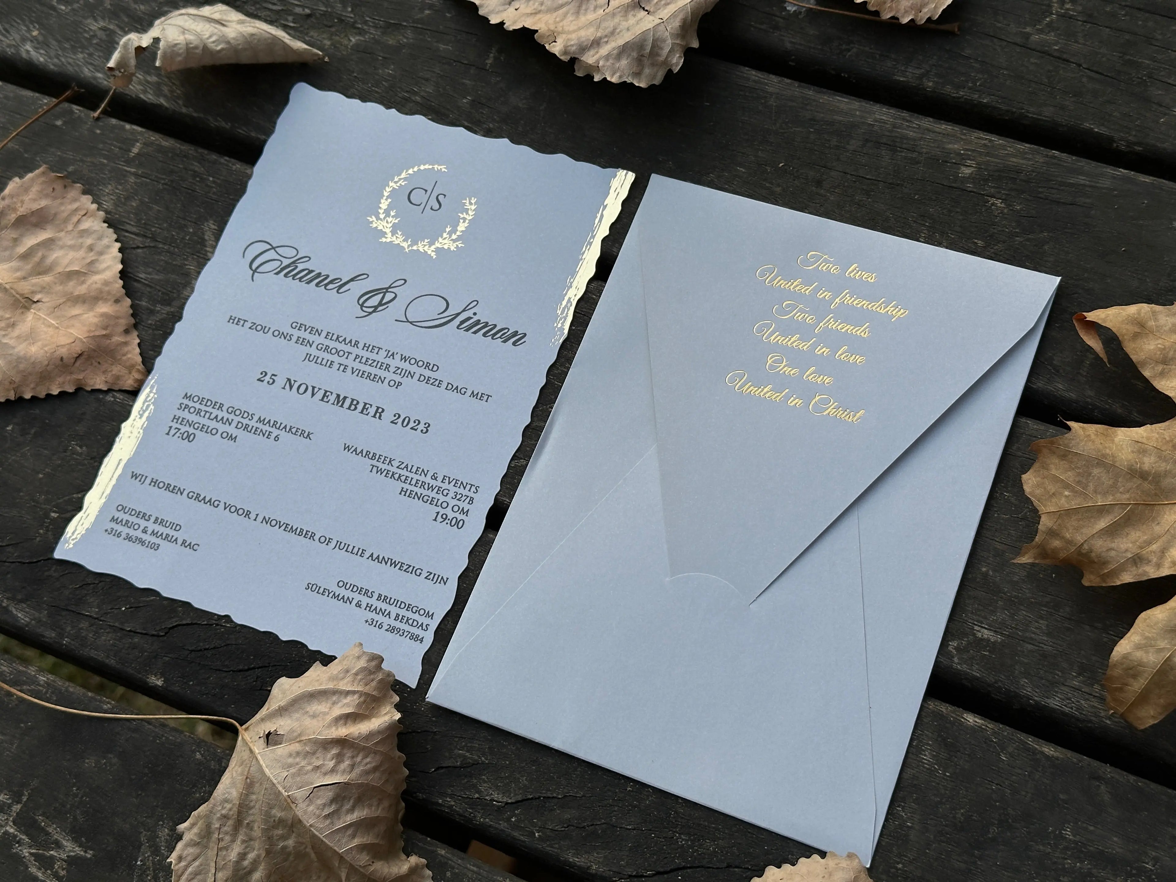 Gray Wedding Invitation with Gold Foil Envelope & Black Print Card - LunaInvites