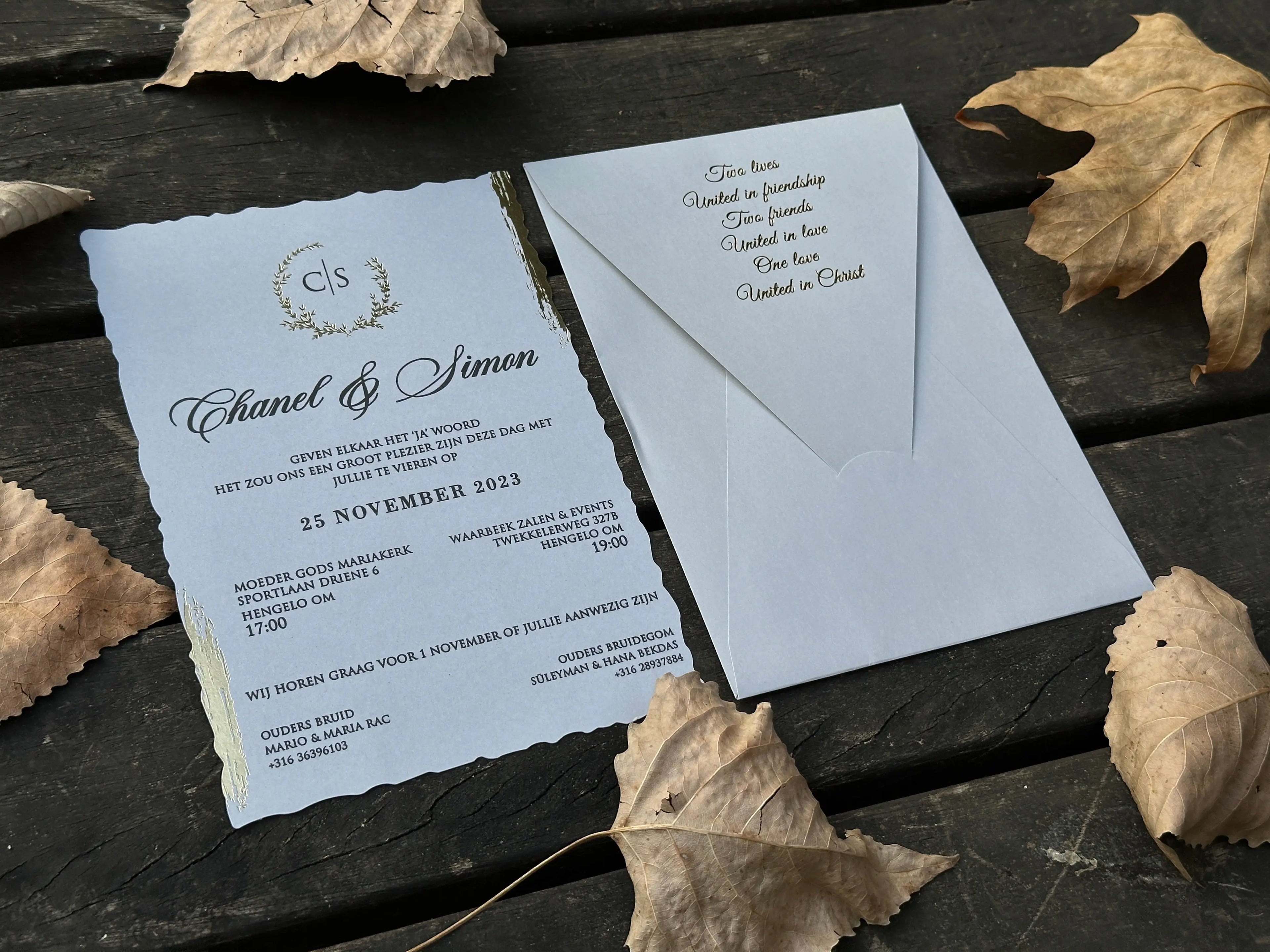 Gray Wedding Invitation with Gold Foil Envelope & Black Print Card - LunaInvites