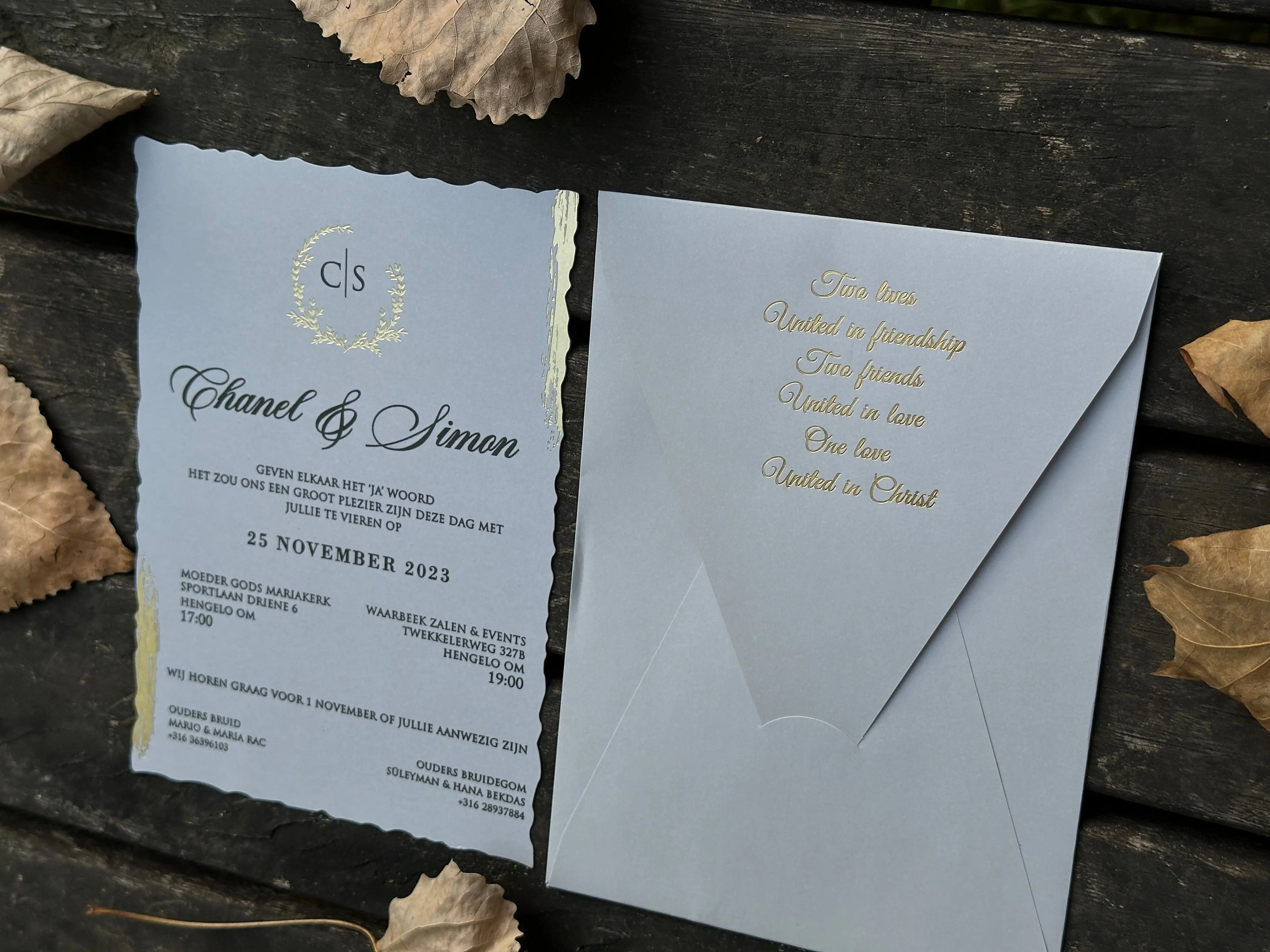 Gray Wedding Invitation with Gold Foil Envelope & Black Print Card - LunaInvites
