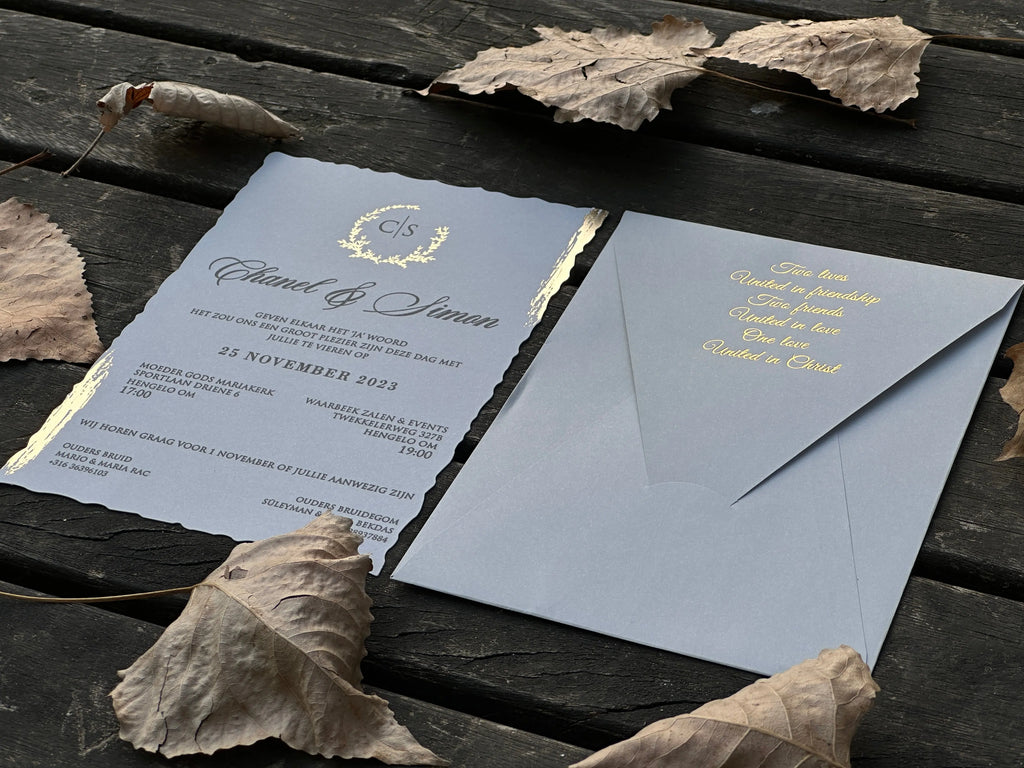 Gray Wedding Invitation with Gold Foil Envelope & Black Print Card - LunaInvites