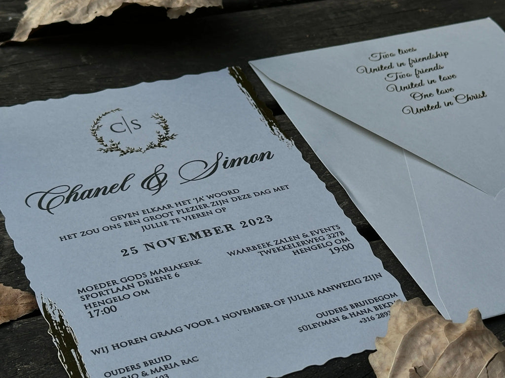 Gray Wedding Invitation with Gold Foil Envelope & Black Print Card - LunaInvites