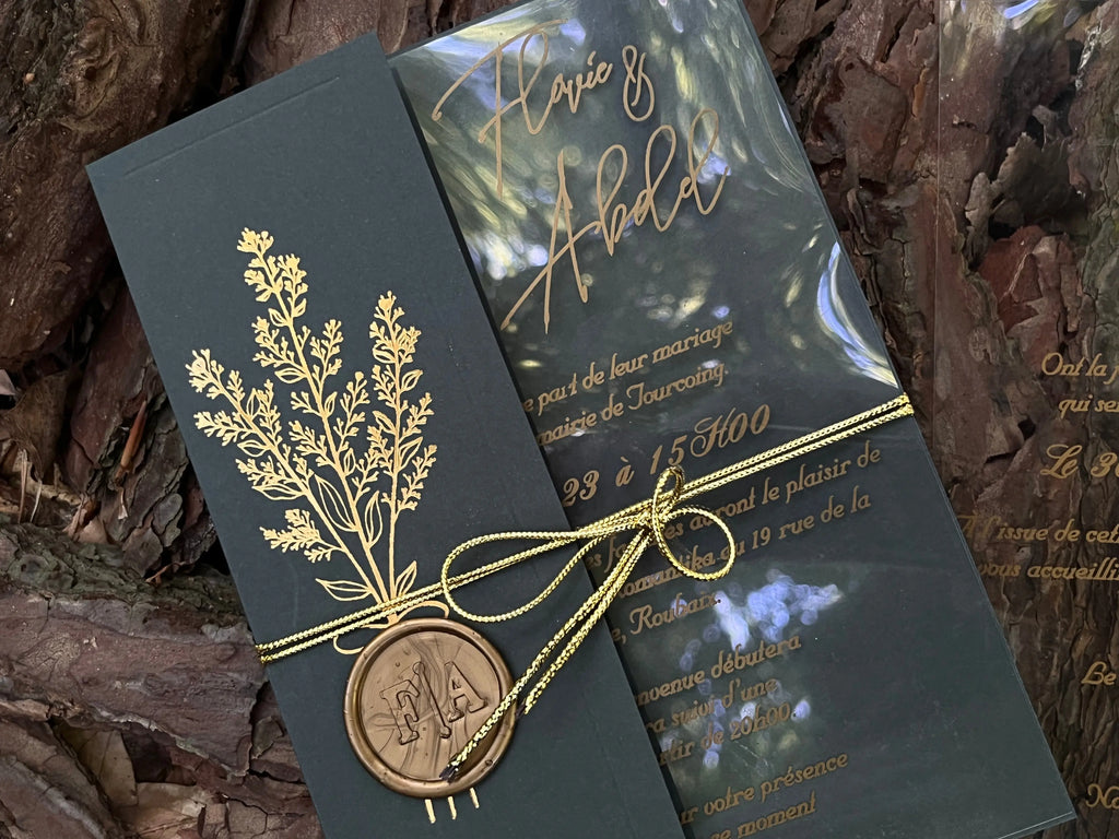 Black Pocket Wedding Invitation with Vellum Overlay and Silver Wax Seal (Kopya) LunaInvites