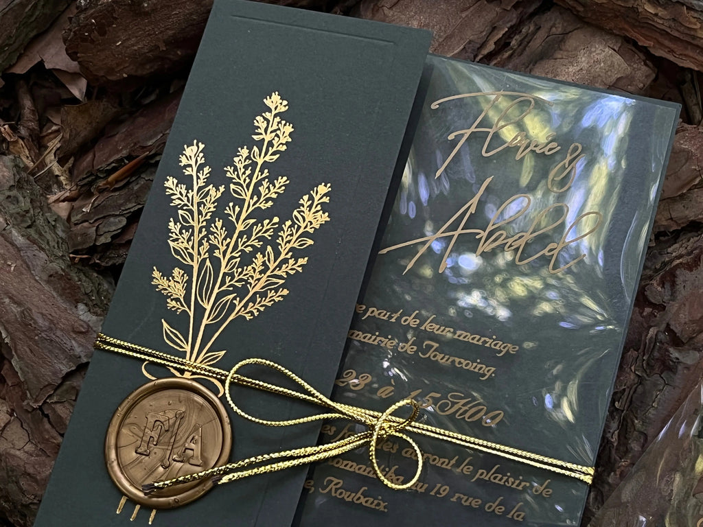 Black Pocket Wedding Invitation with Vellum Overlay and Silver Wax Seal (Kopya) LunaInvites