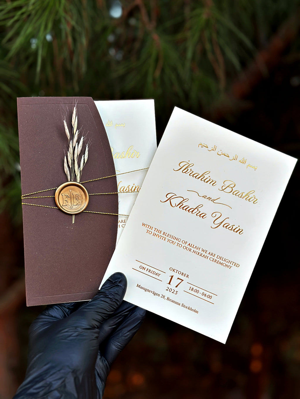 Classic Wedding Invitation with Gold Print, Brown Arch Envelope & Wax Seal - LunaInvites