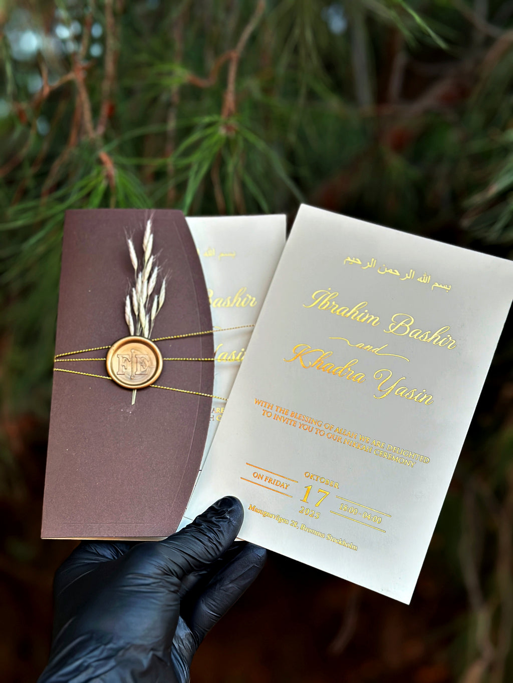 Classic Wedding Invitation with Gold Print, Brown Arch Envelope & Wax Seal - LunaInvites