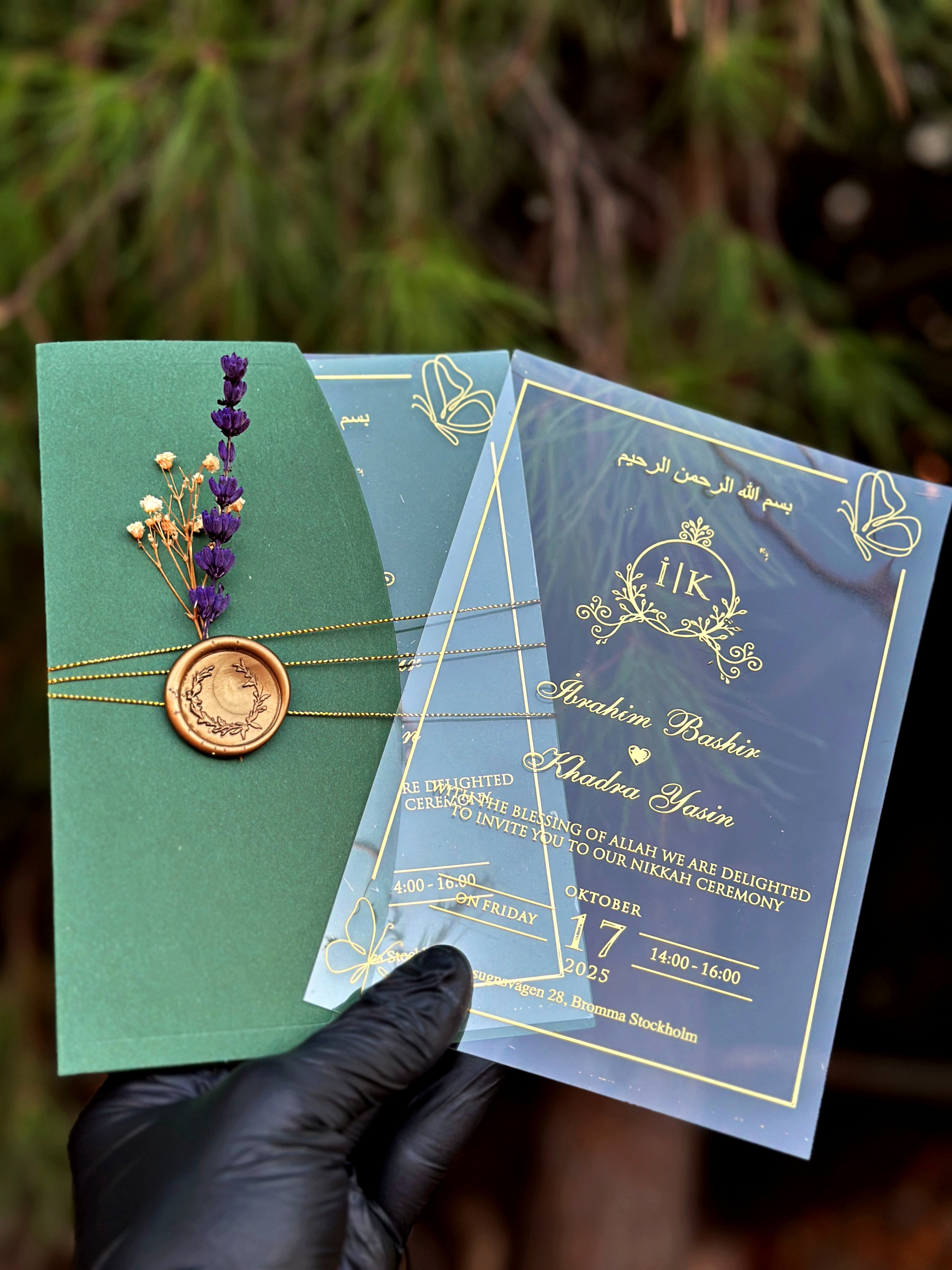 Clear Acrylic Wedding Invitation with Gold Print, Green Envelope & Wax Seal - LunaInvites