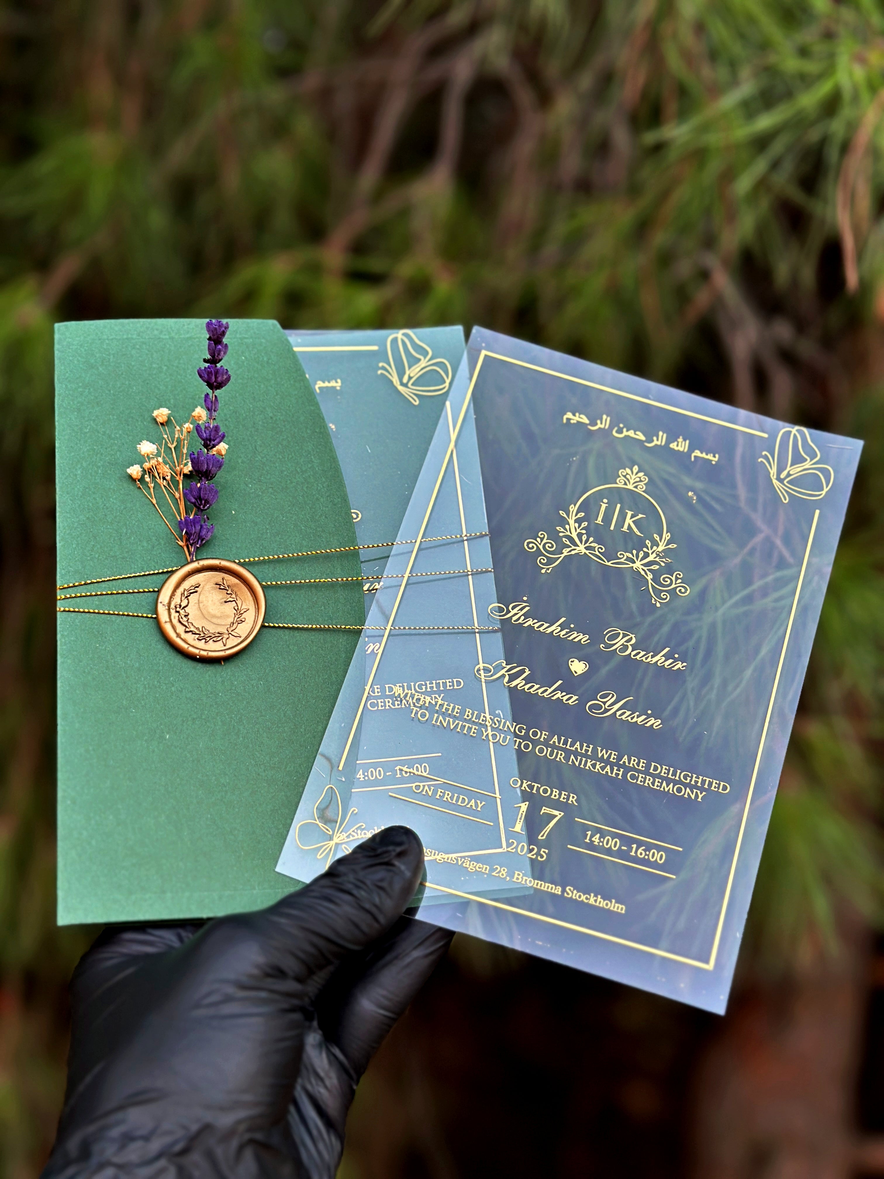 Clear Acrylic Wedding Invitation with Gold Print, Green Envelope & Wax Seal - LunaInvites