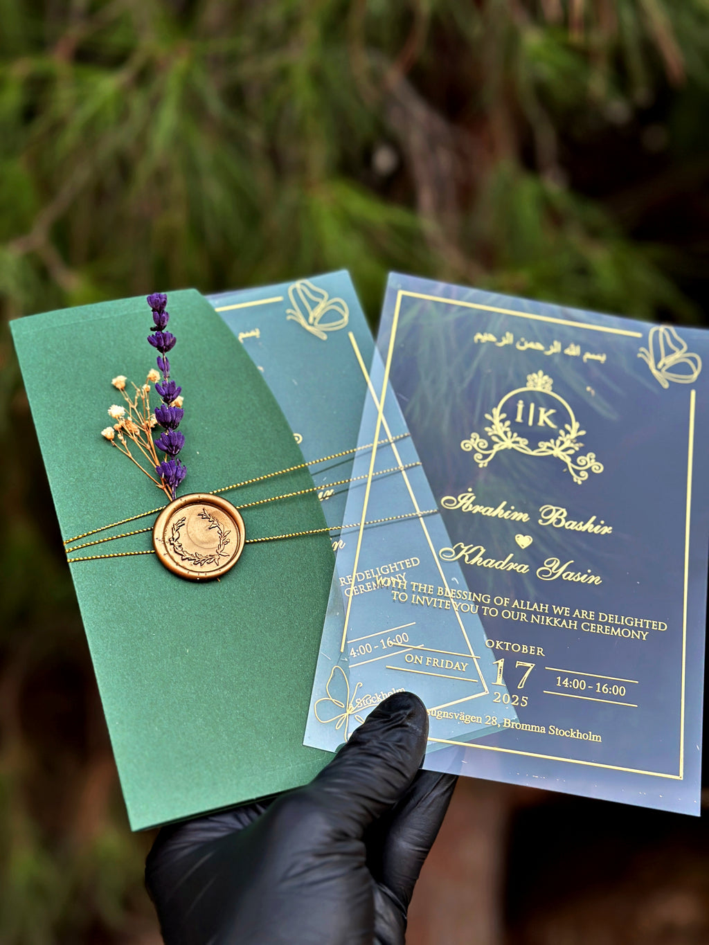 Clear Acrylic Wedding Invitation with Gold Print, Green Envelope & Wax Seal - LunaInvites
