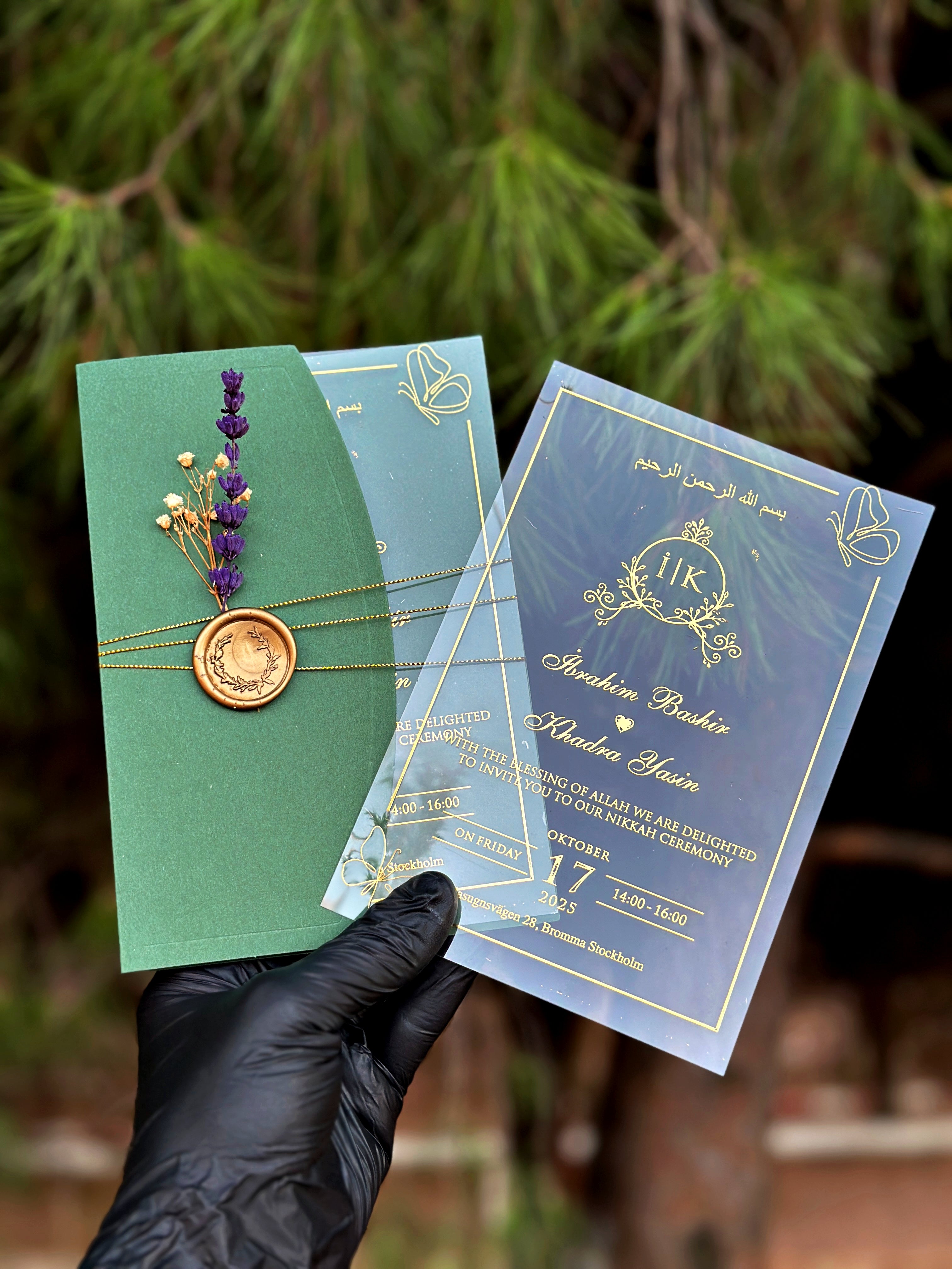 Clear Acrylic Wedding Invitation with Gold Print, Green Envelope & Wax Seal - LunaInvites