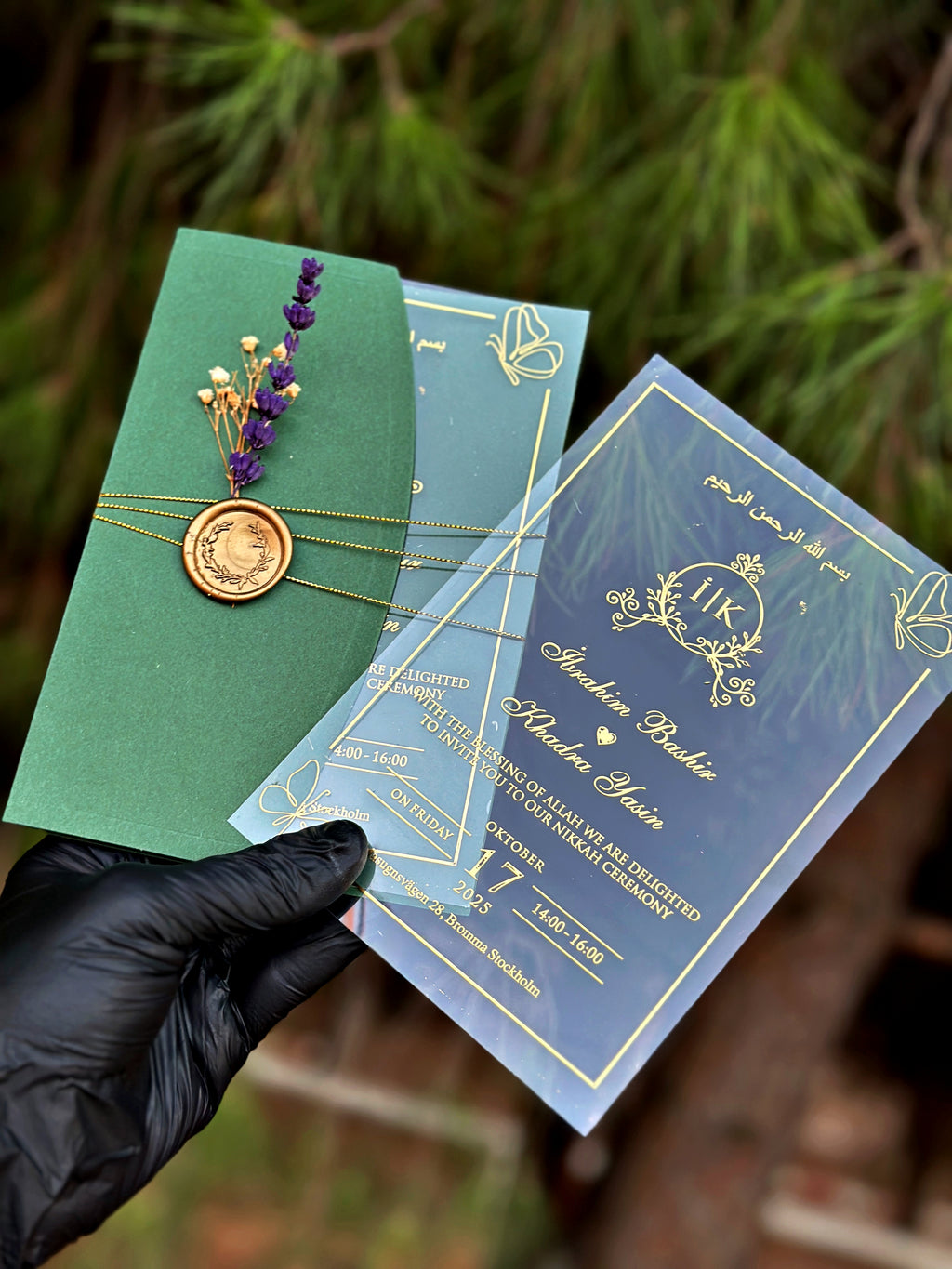 Clear Acrylic Wedding Invitation with Gold Print, Green Envelope & Wax Seal - LunaInvites