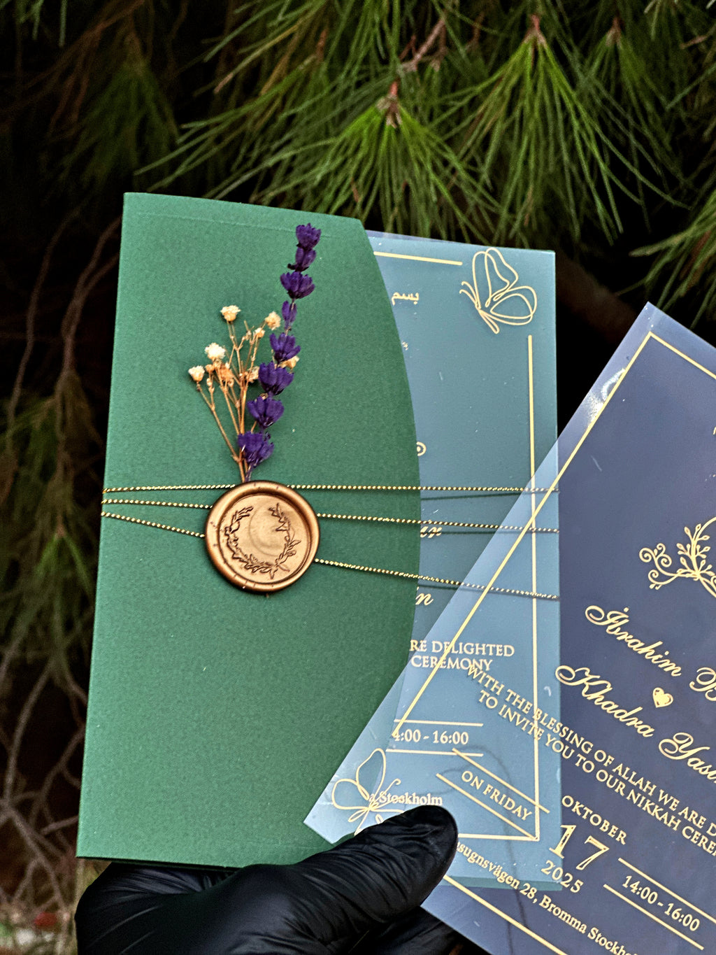 Clear Acrylic Wedding Invitation with Gold Print, Green Envelope & Wax Seal - LunaInvites