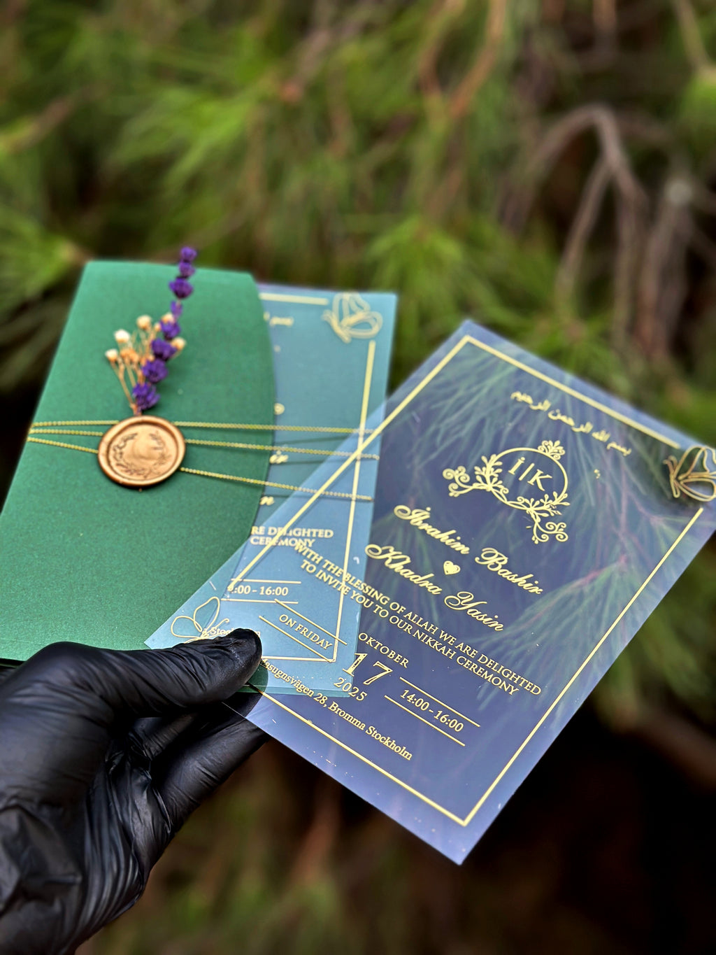 Clear Acrylic Wedding Invitation with Gold Print, Green Envelope & Wax Seal - LunaInvites