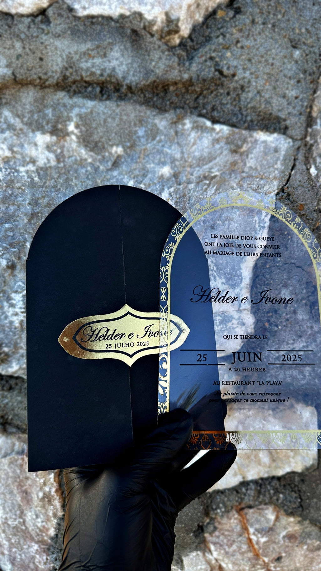 Acrylic Arch Wedding Invitation with Black Envelope & Gold Foil - LunaInvites